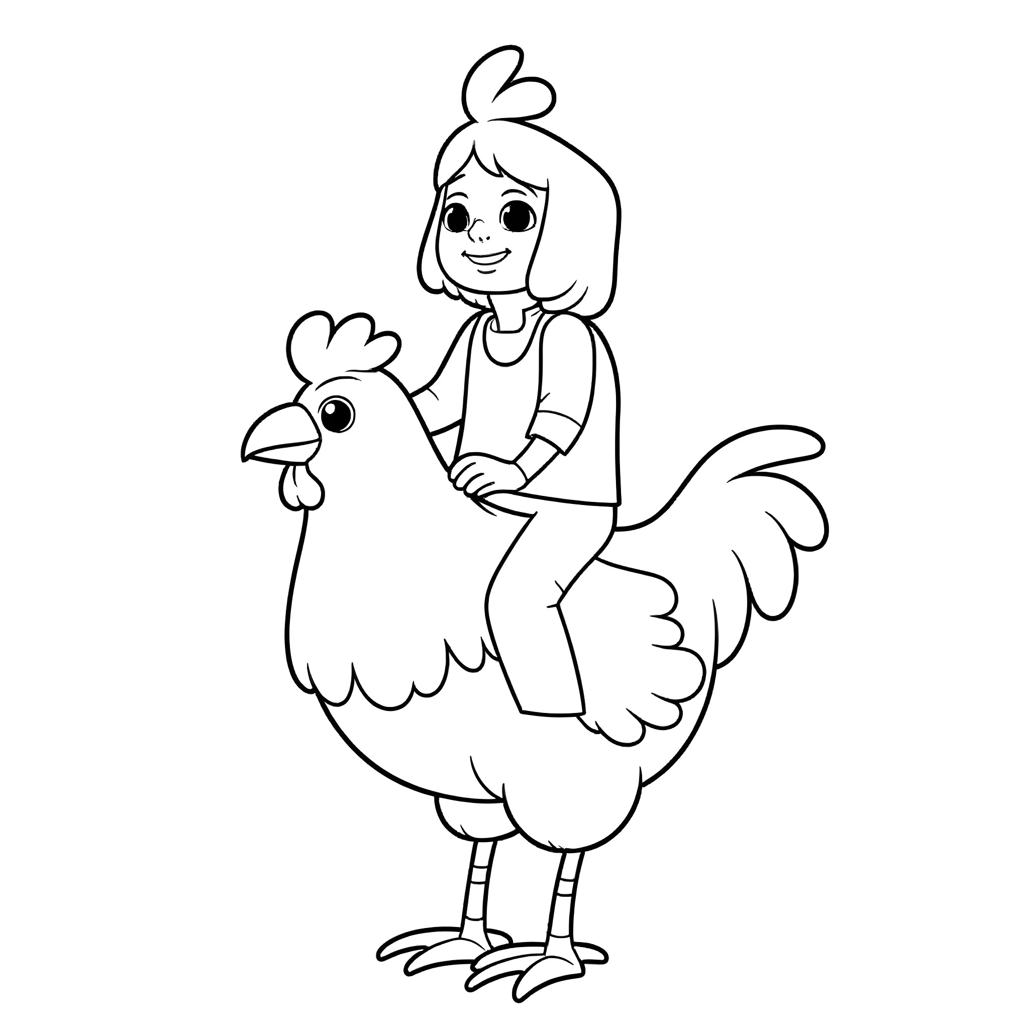 Chicken girl happily riding a rooster Coloring Page (free black-and-white line drawing printable PDF for all, from beginners to advanced learners, including children, teens, adults, and seniors)