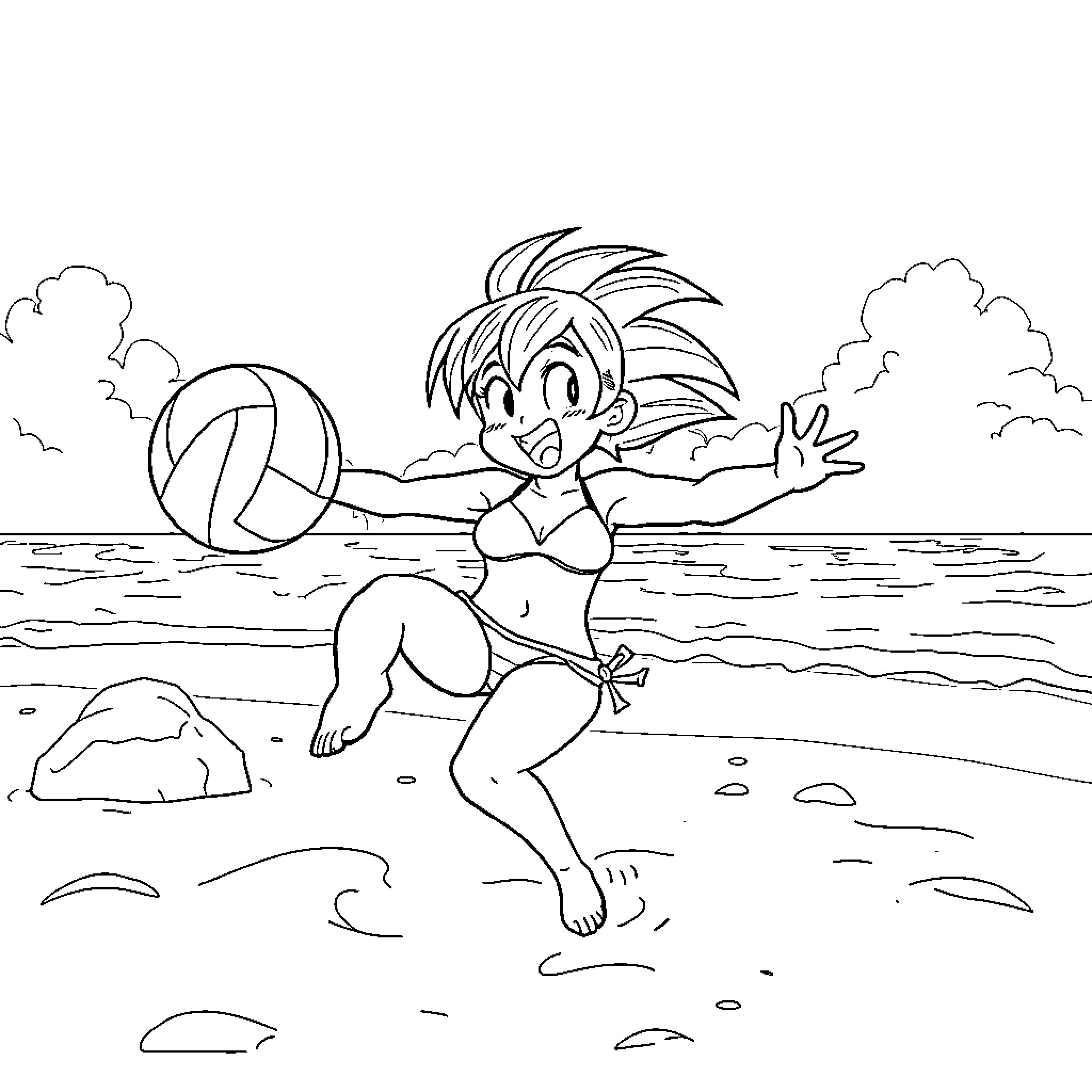 Chichi playing joyfully with beach ball on shore Coloring Page (free black-and-white line drawing printable PDF for all, from beginners to advanced learners, including children, teens, adults, and seniors)