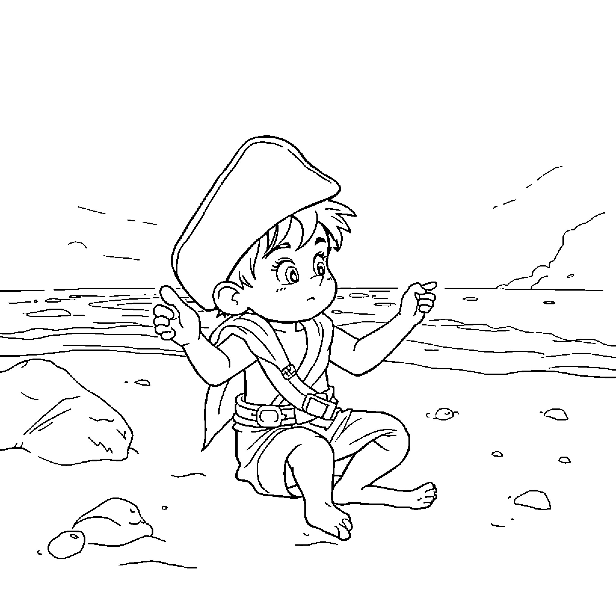 Niño Pirata on the Beach Coloring Page (free black-and-white line drawing printable PDF for all, from beginners to advanced learners, including children, teens, adults, and seniors)