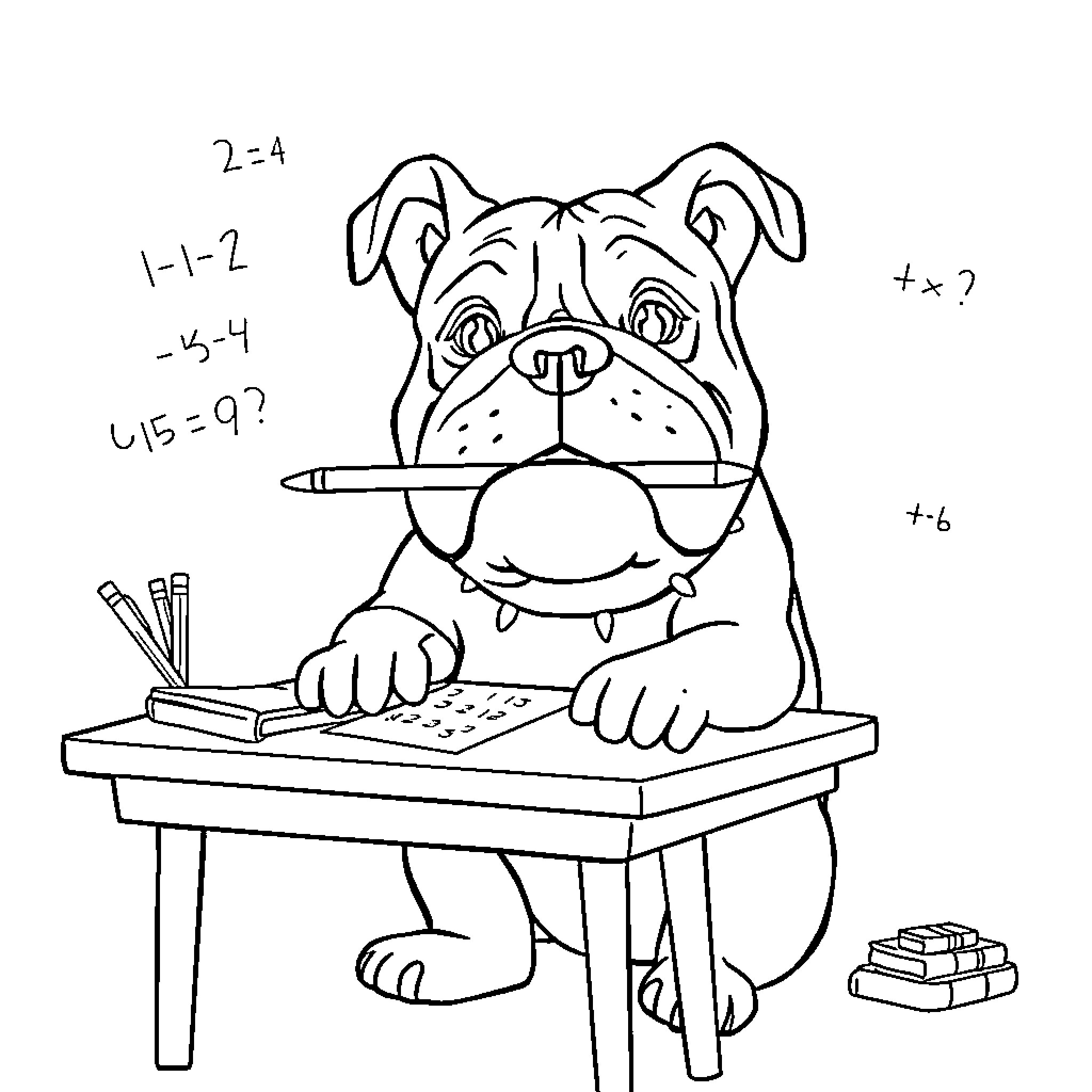 Bulldog working diligently on math problems Coloring Page (free black-and-white line drawing printable PDF for all, from beginners to advanced learners, including children, teens, adults, and seniors)