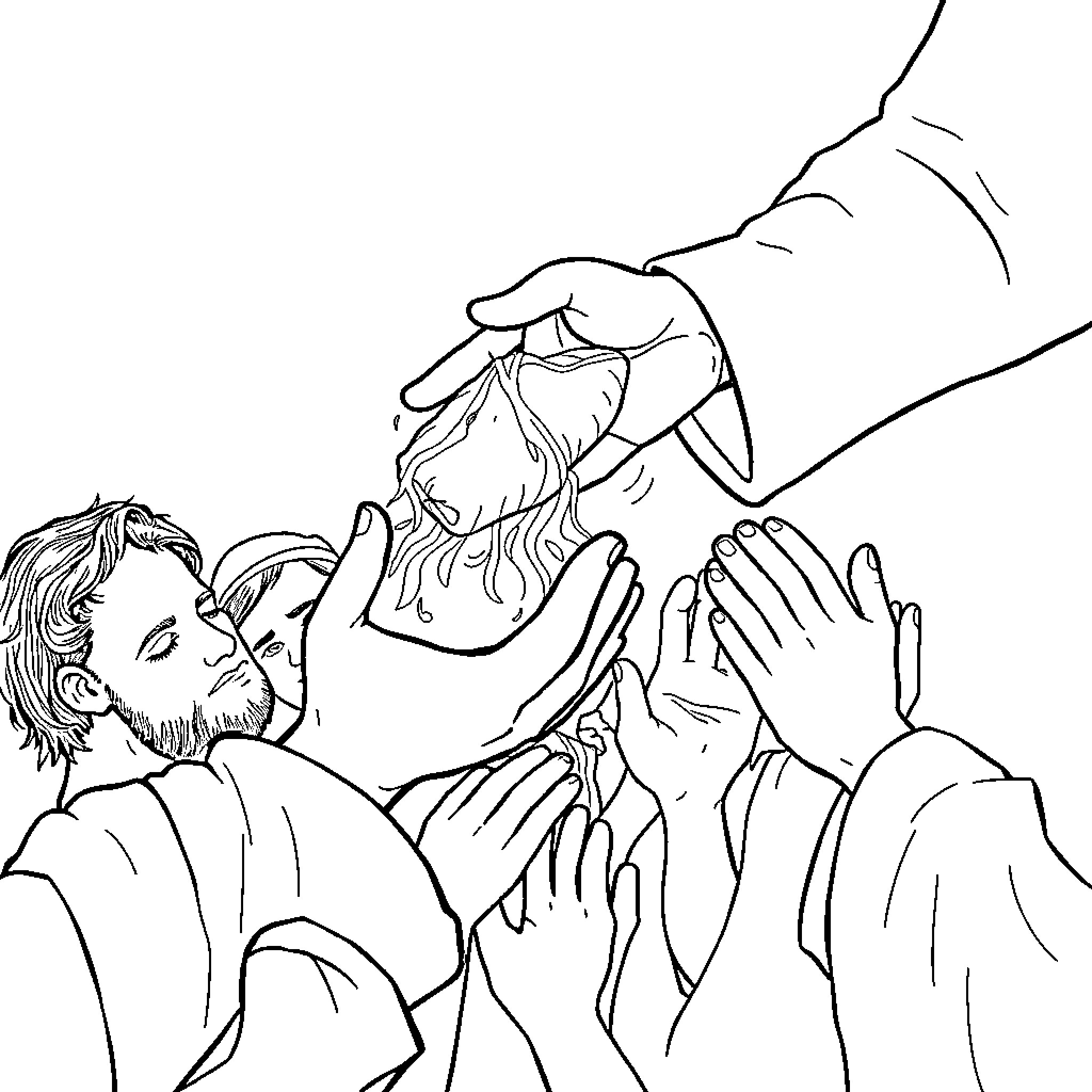God's Guiding Hand Blesses the Faithful Coloring Page (free black-and-white line drawing printable PDF for all, from beginners to advanced learners, including children, teens, adults, and seniors)