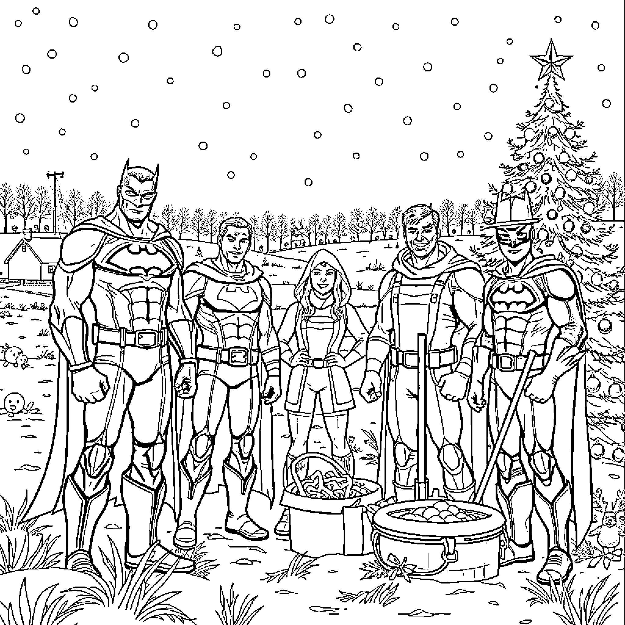Justice League Superheroes Gather for Holiday Celebration Coloring Page (free black-and-white line drawing printable PDF for all, from beginners to advanced learners, including children, teens, adults, and seniors)