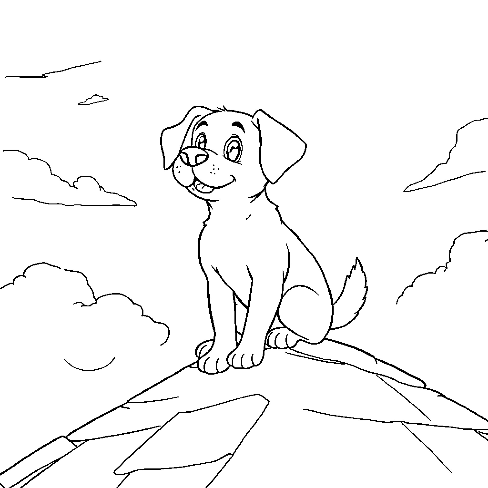 Dog enjoying the scenic view on mountain top Coloring Page (free black-and-white line drawing printable PDF for all, from beginners to advanced learners, including children, teens, adults, and seniors)