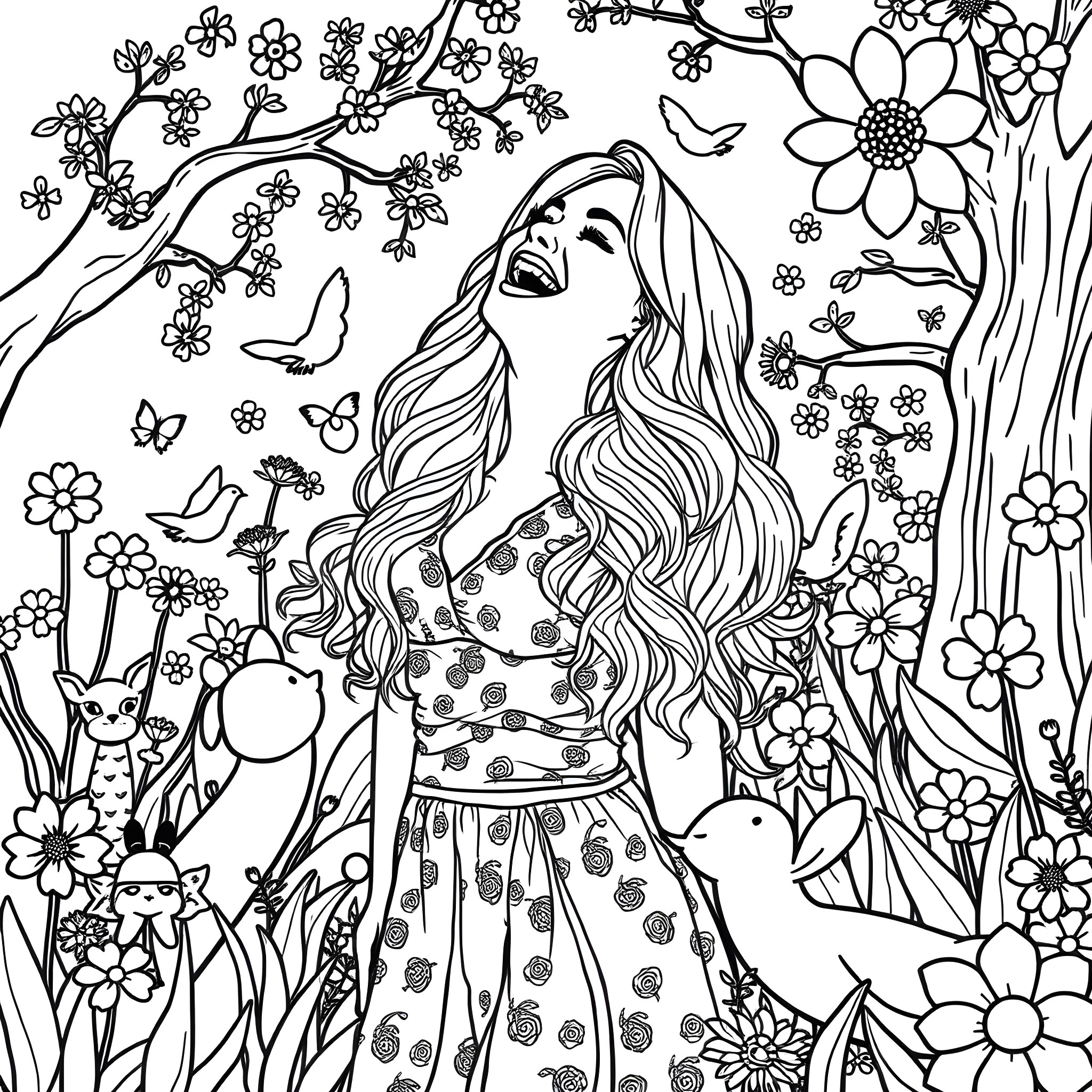 Britney Spears surrounded by blooming flowers and butterflies Coloring Page (free black-and-white line drawing printable PDF for all, from beginners to advanced learners, including children, teens, adults, and seniors)