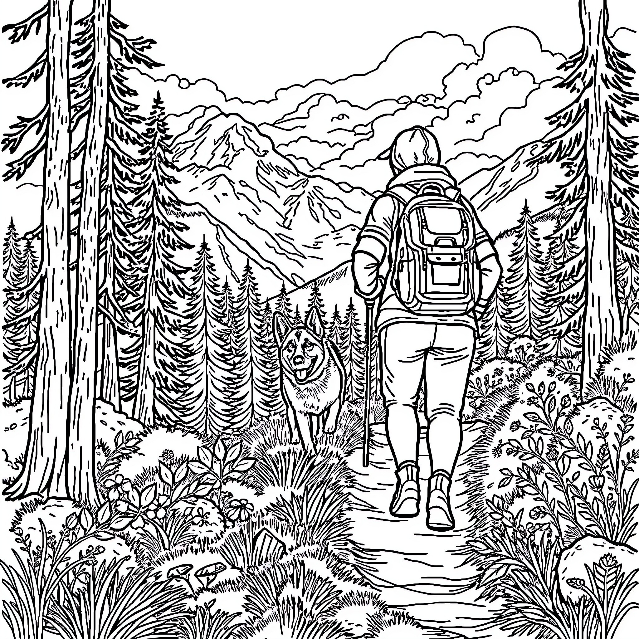 German Shepherd Hiking in Scenic Mountain Forest Coloring Page (free black-and-white line drawing printable PDF for all, from beginners to advanced learners, including children, teens, adults, and seniors)