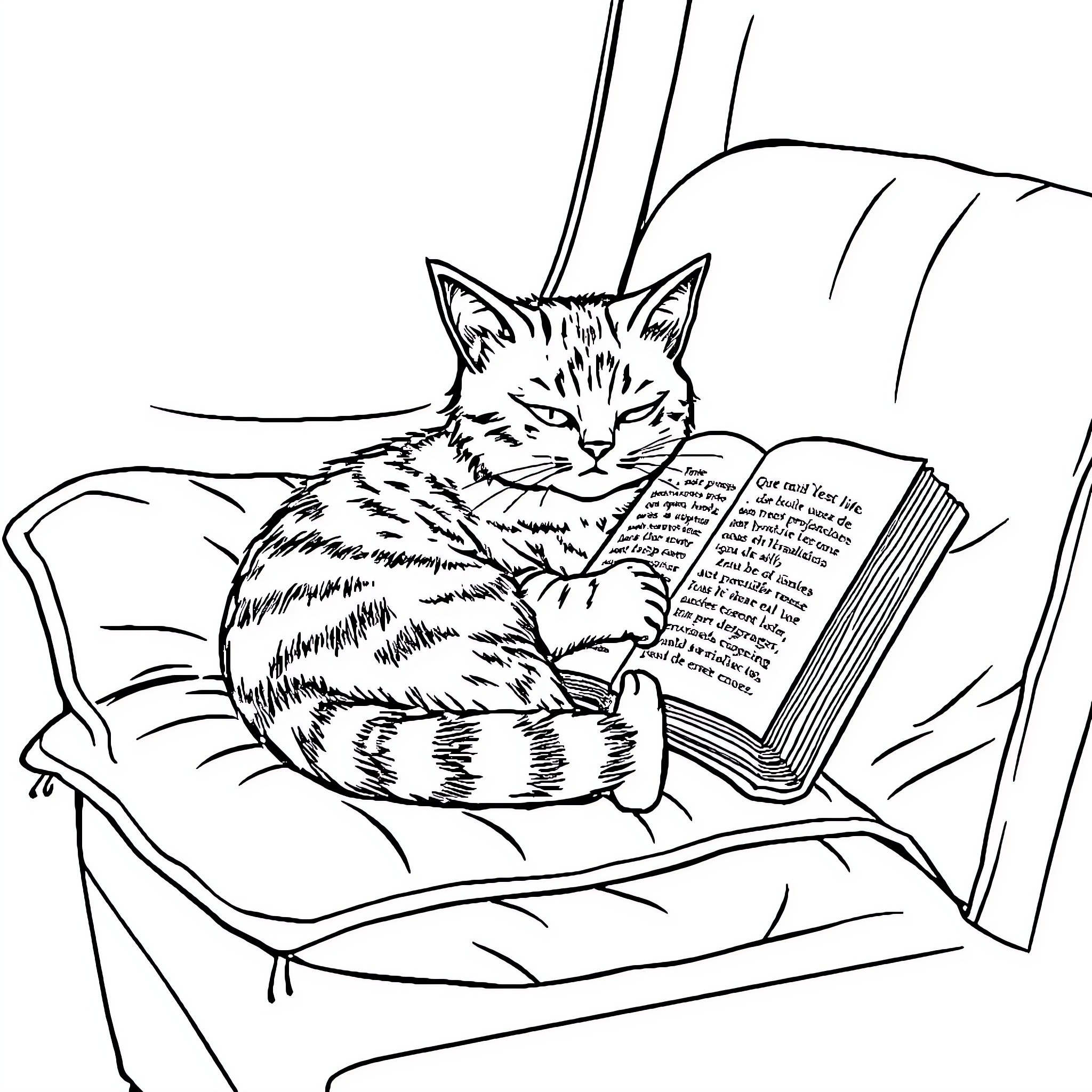 Cat enjoying a cozy book read on the chair Coloring Page (free black-and-white line drawing printable PDF for all, from beginners to advanced learners, including children, teens, adults, and seniors)