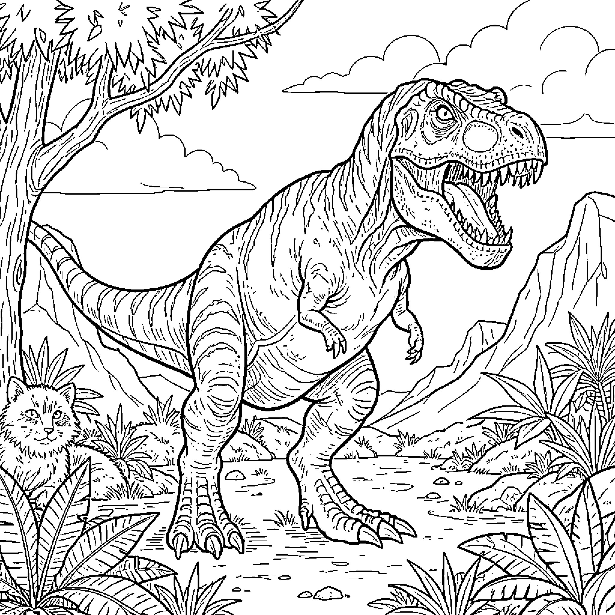 Dinoster Tyrannosaurus Rex roaring in a prehistoric jungle Coloring Page (free black-and-white line drawing printable PDF for all, from beginners to advanced learners, including children, teens, adults, and seniors)