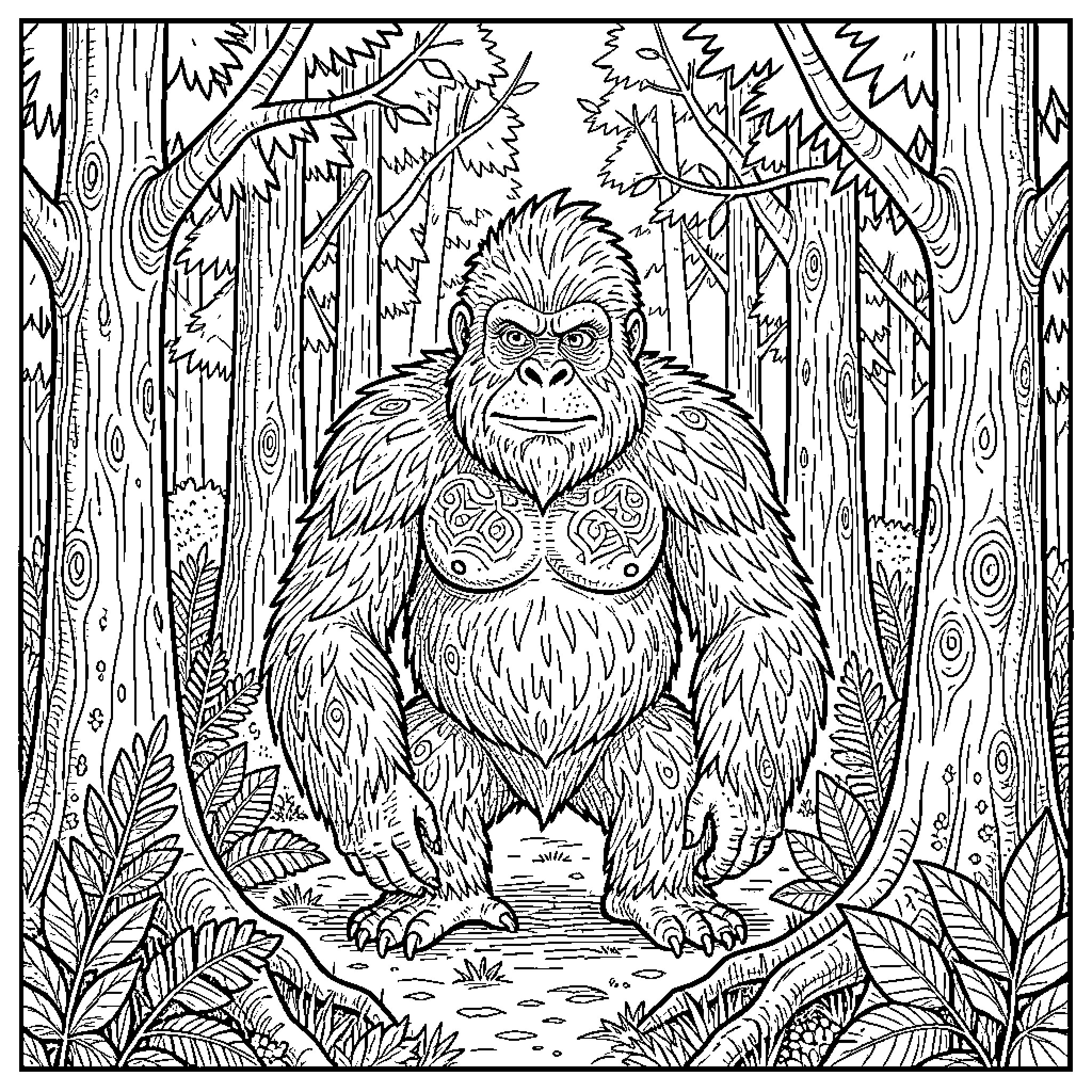 Sasquatch guarding the magical forest Coloring Page (free black-and-white line drawing printable PDF for all, from beginners to advanced learners, including children, teens, adults, and seniors)