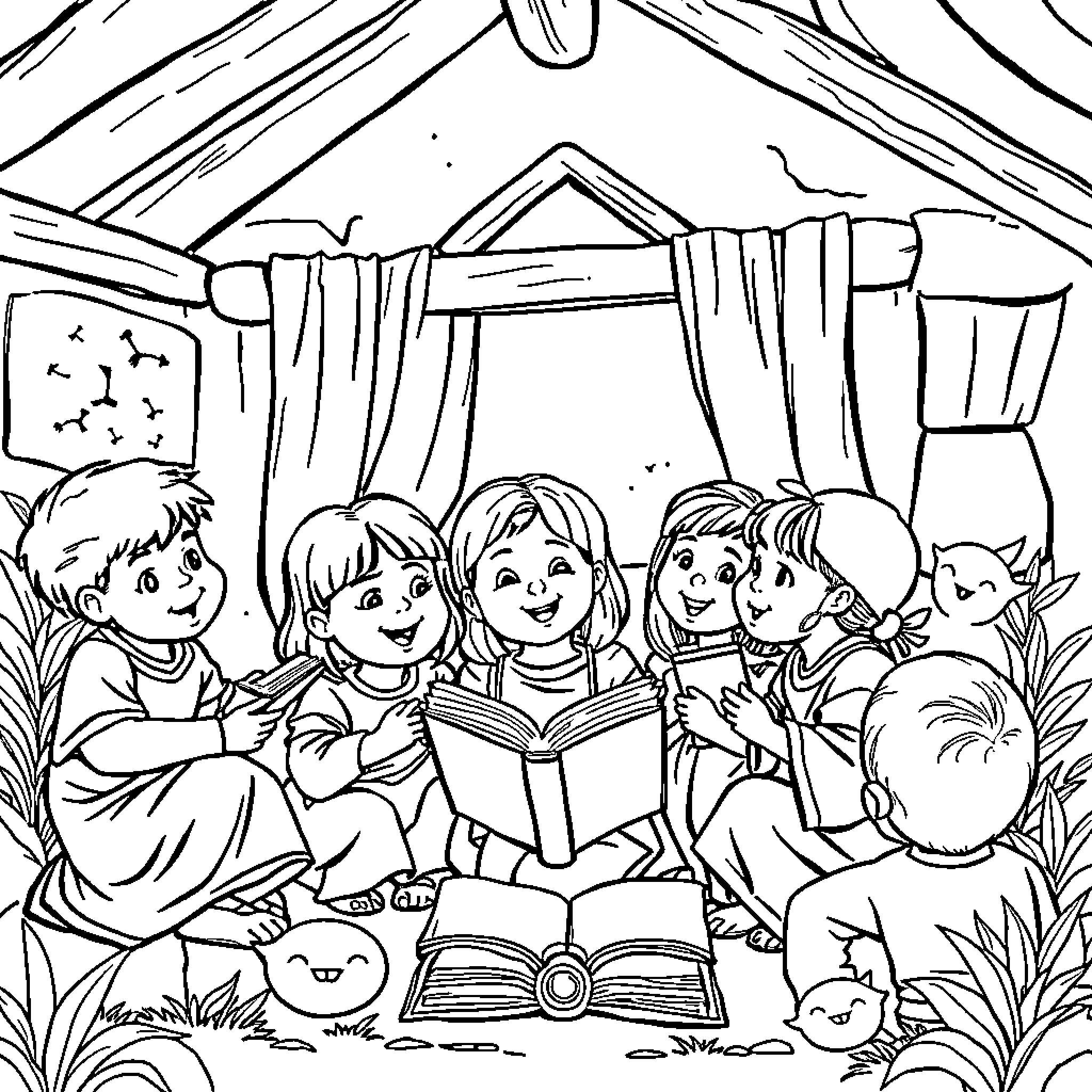 Child friends reading story together in cozy tent Coloring Page (free black-and-white line drawing printable PDF for all, from beginners to advanced learners, including children, teens, adults, and seniors)