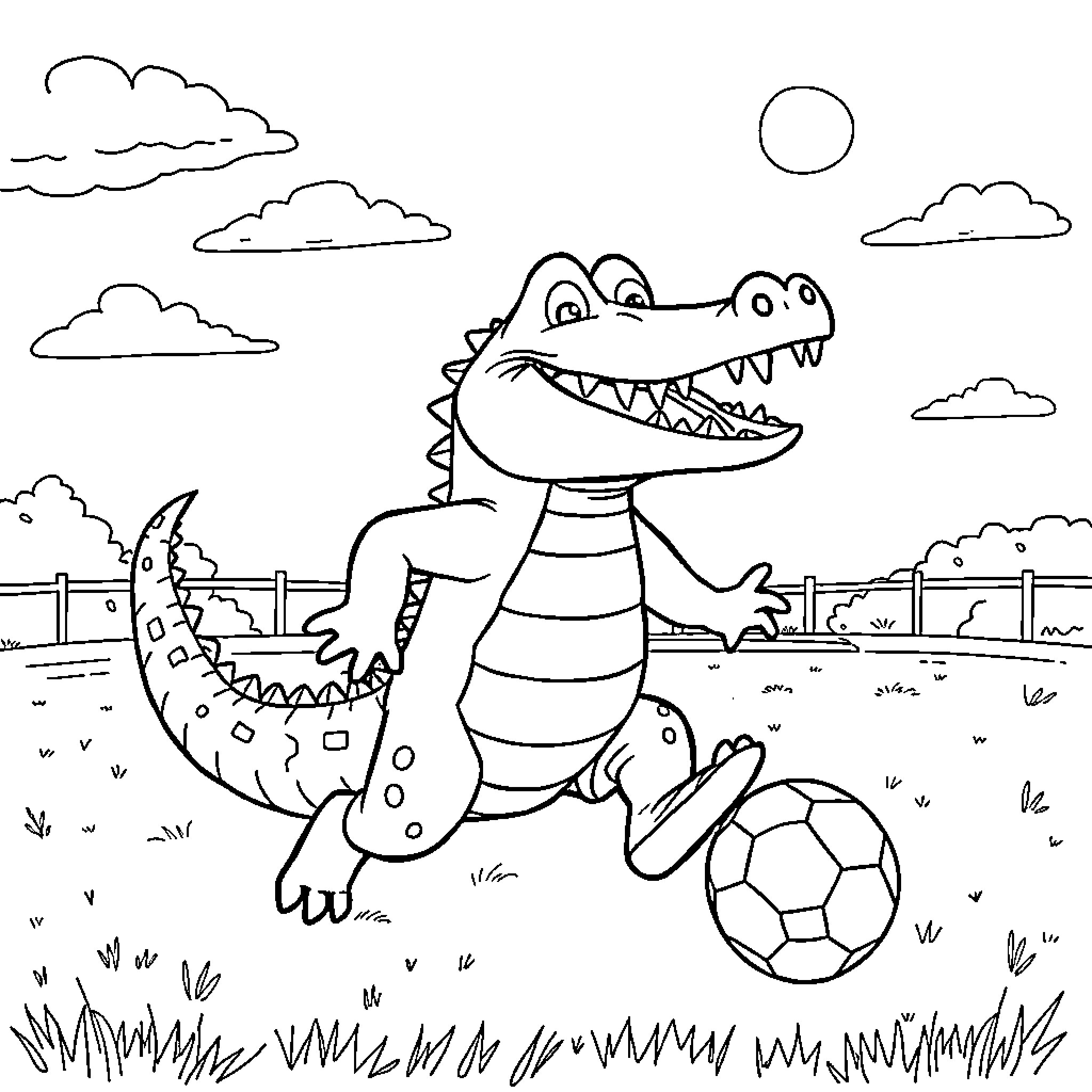 Crocodile playing with soccer ball in the park Coloring Page (free black-and-white line drawing printable PDF for all, from beginners to advanced learners, including children, teens, adults, and seniors)