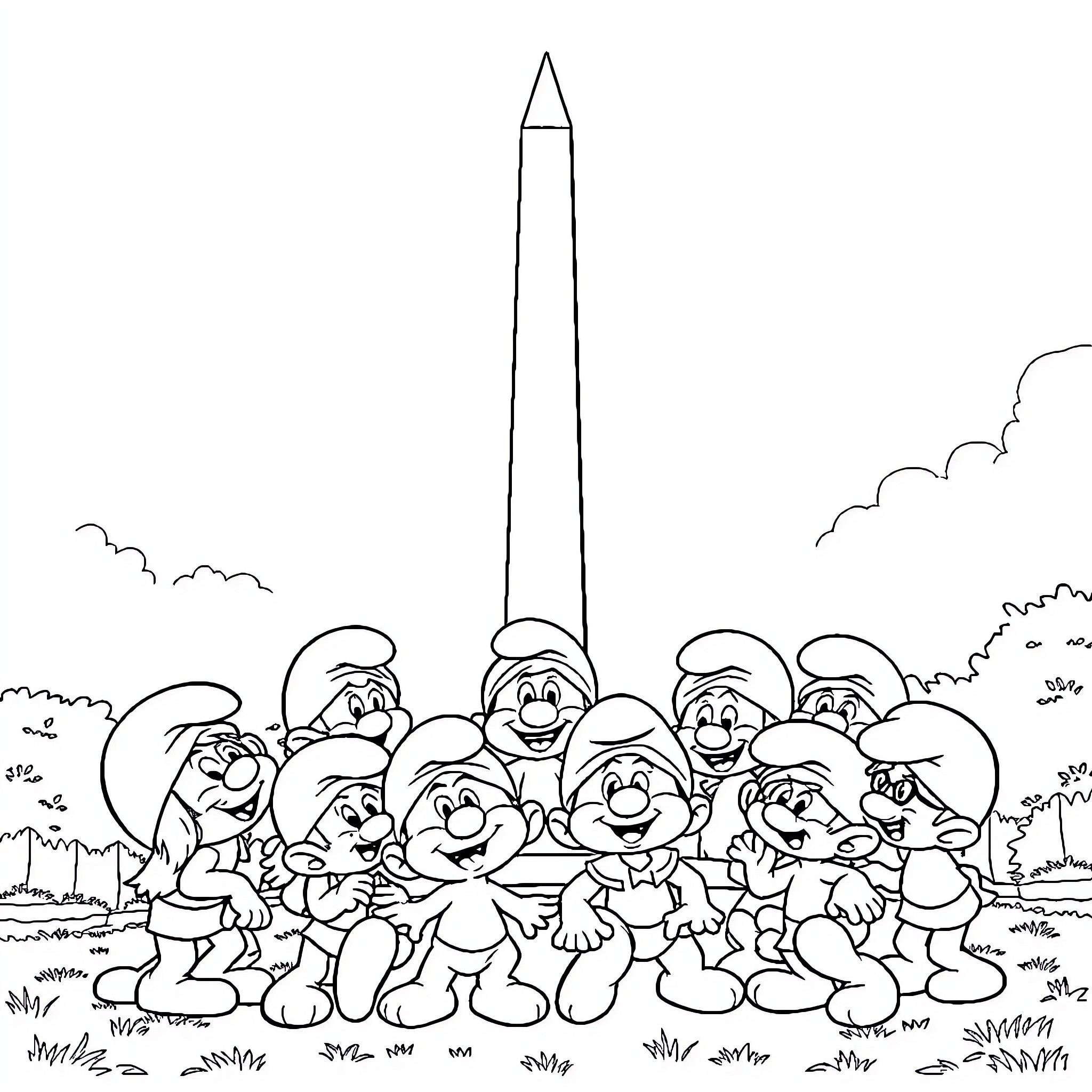 Smurfs gather playfully around the landmark Coloring Page (free black-and-white line drawing printable PDF for all, from beginners to advanced learners, including children, teens, adults, and seniors)