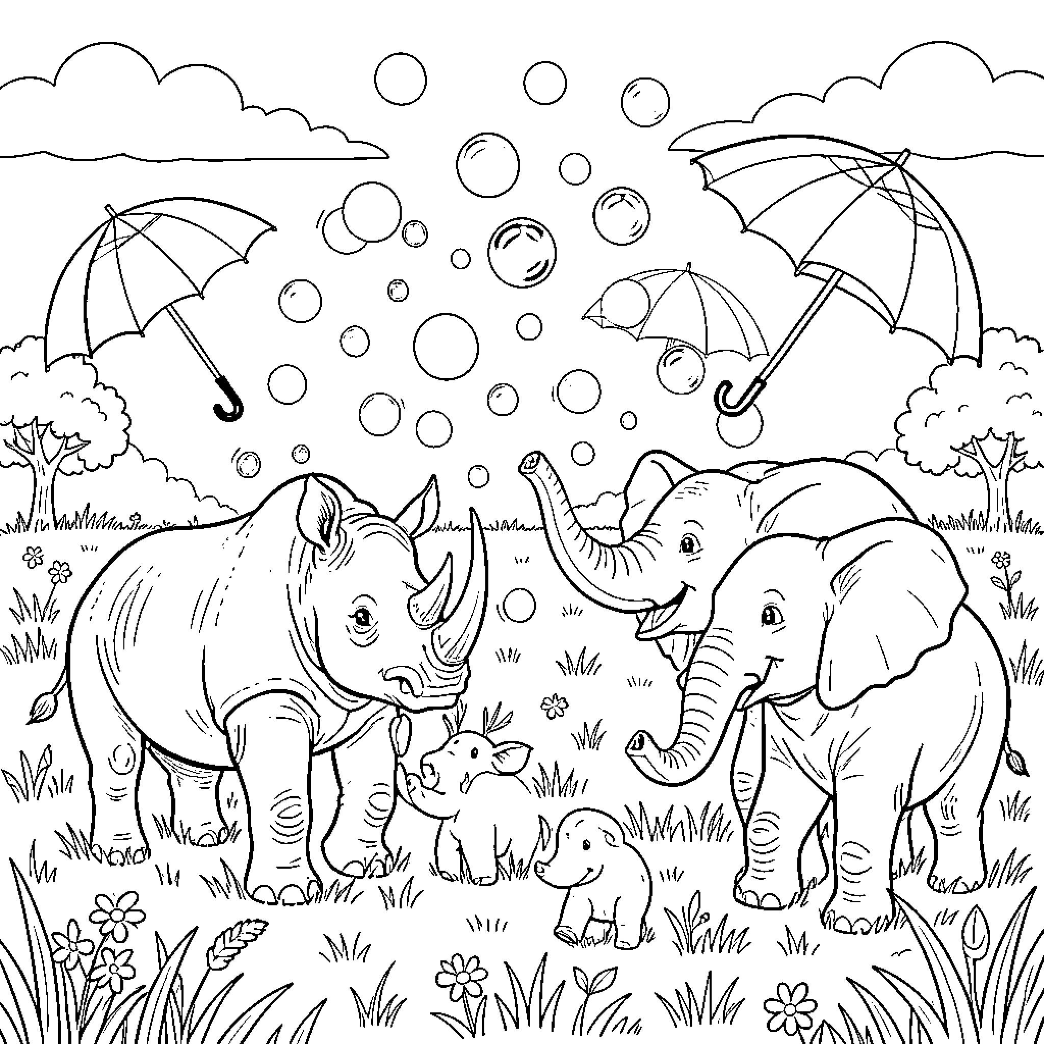 Rhinoceros and elephants playing in the rain Coloring Page (free black-and-white line drawing printable PDF for all, from beginners to advanced learners, including children, teens, adults, and seniors)