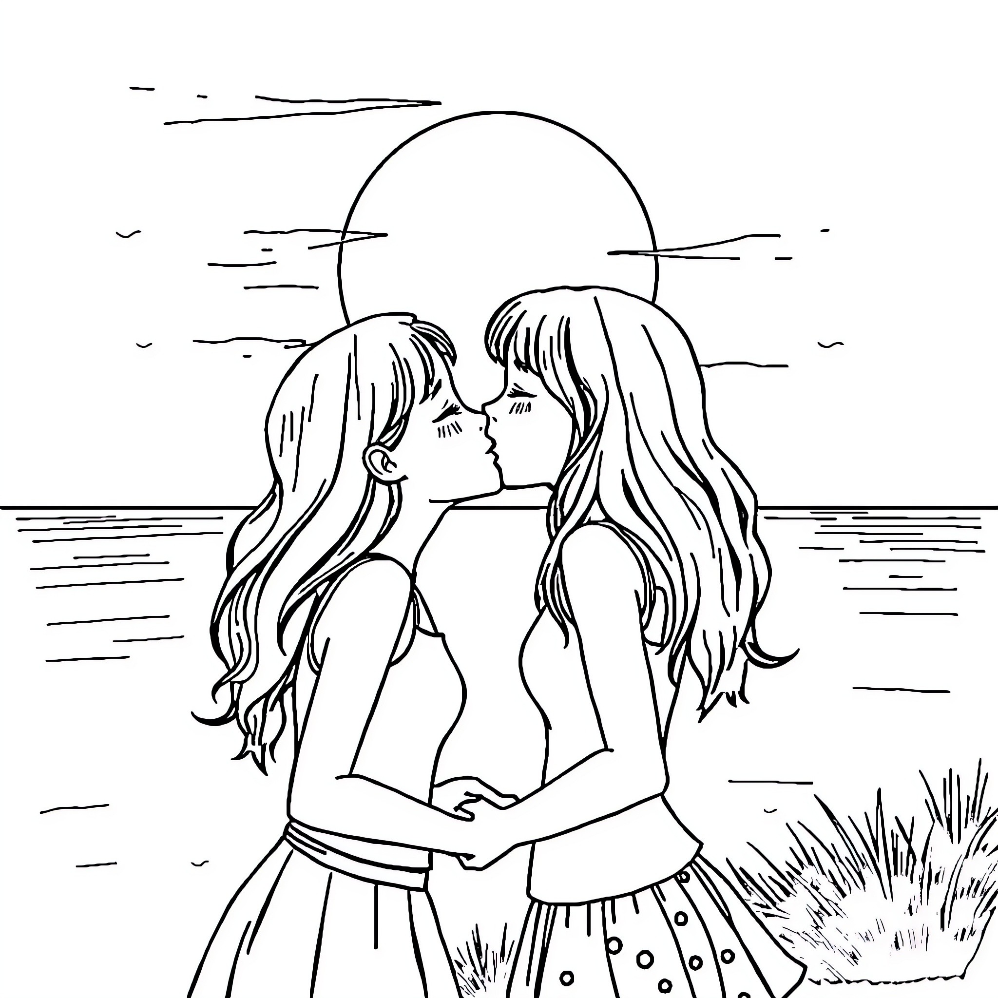 Girl sharing a romantic moment with another girl Coloring Page (free black-and-white line drawing printable PDF for all, from beginners to advanced learners, including children, teens, adults, and seniors)