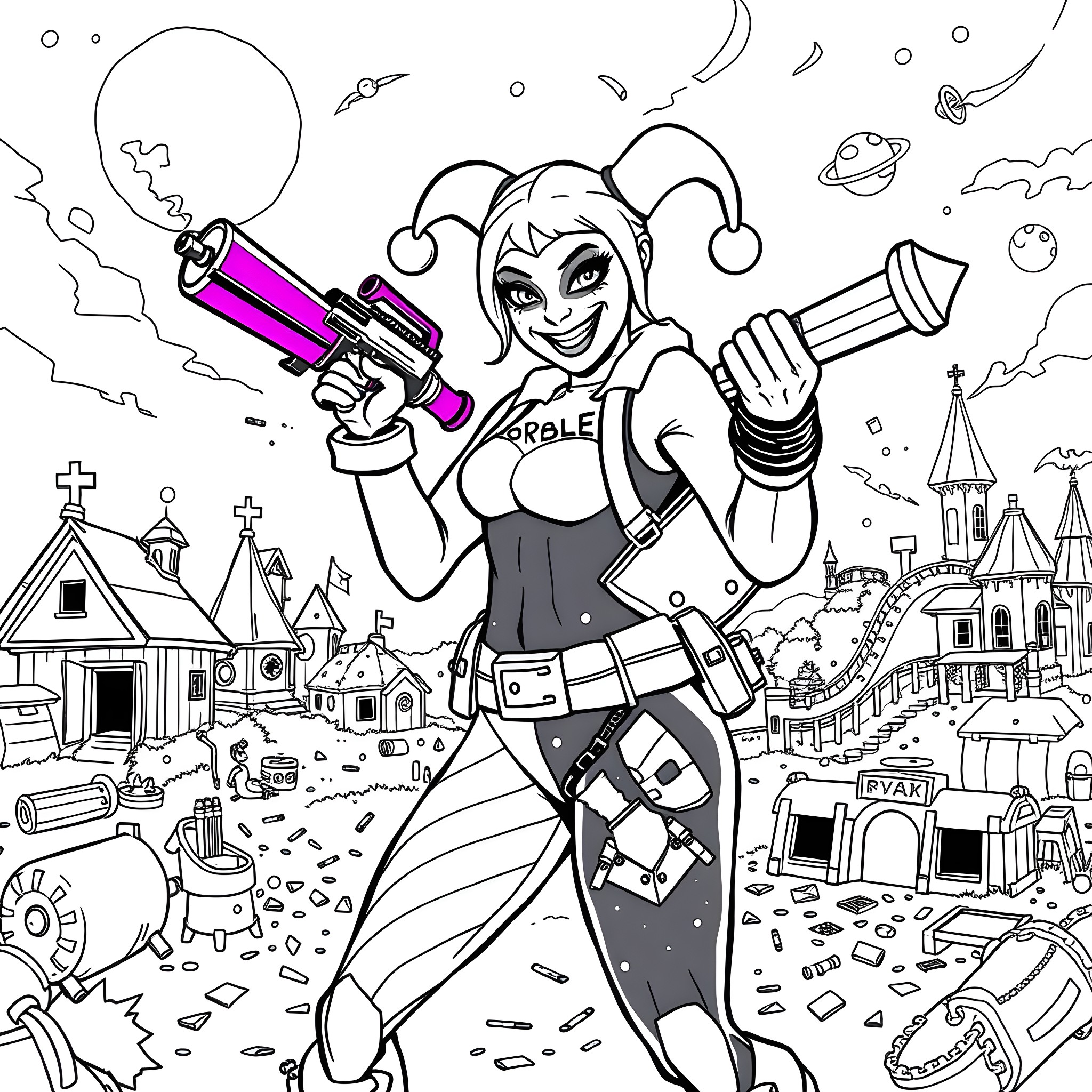 Harley Quinn's Chaotic Adventure in the City Coloring Page (free black-and-white line drawing printable PDF for all, from beginners to advanced learners, including children, teens, adults, and seniors)