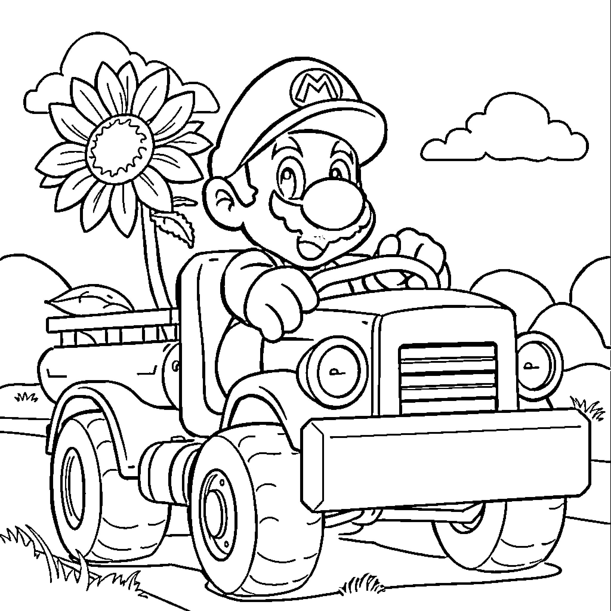 Mario driving a truck with a sunflower Coloring Page (free black-and-white line drawing printable PDF for all, from beginners to advanced learners, including children, teens, adults, and seniors)