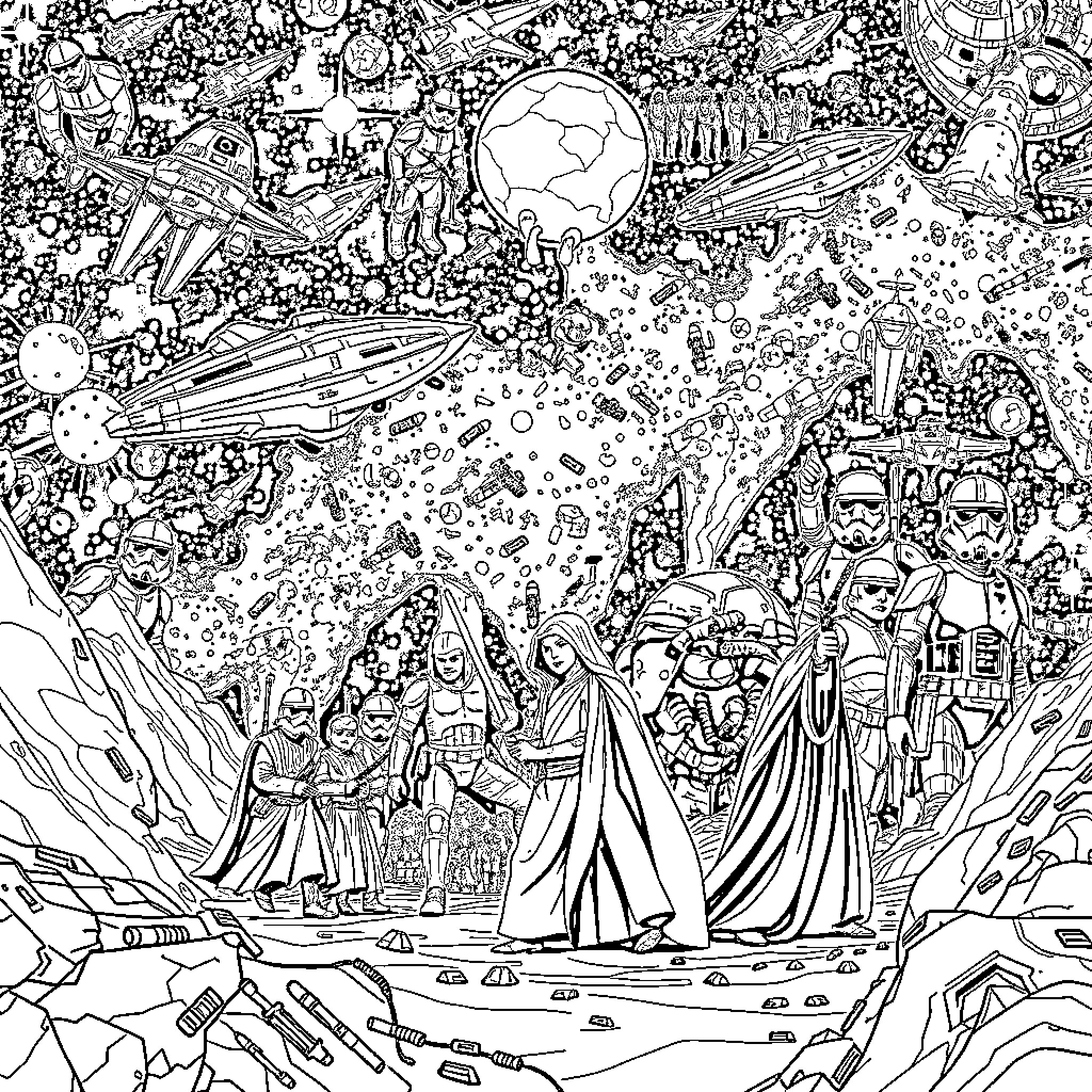 Star Wars: Iconic Characters in a Galactic Scene Coloring Page (free black-and-white line drawing printable PDF for all, from beginners to advanced learners, including children, teens, adults, and seniors)