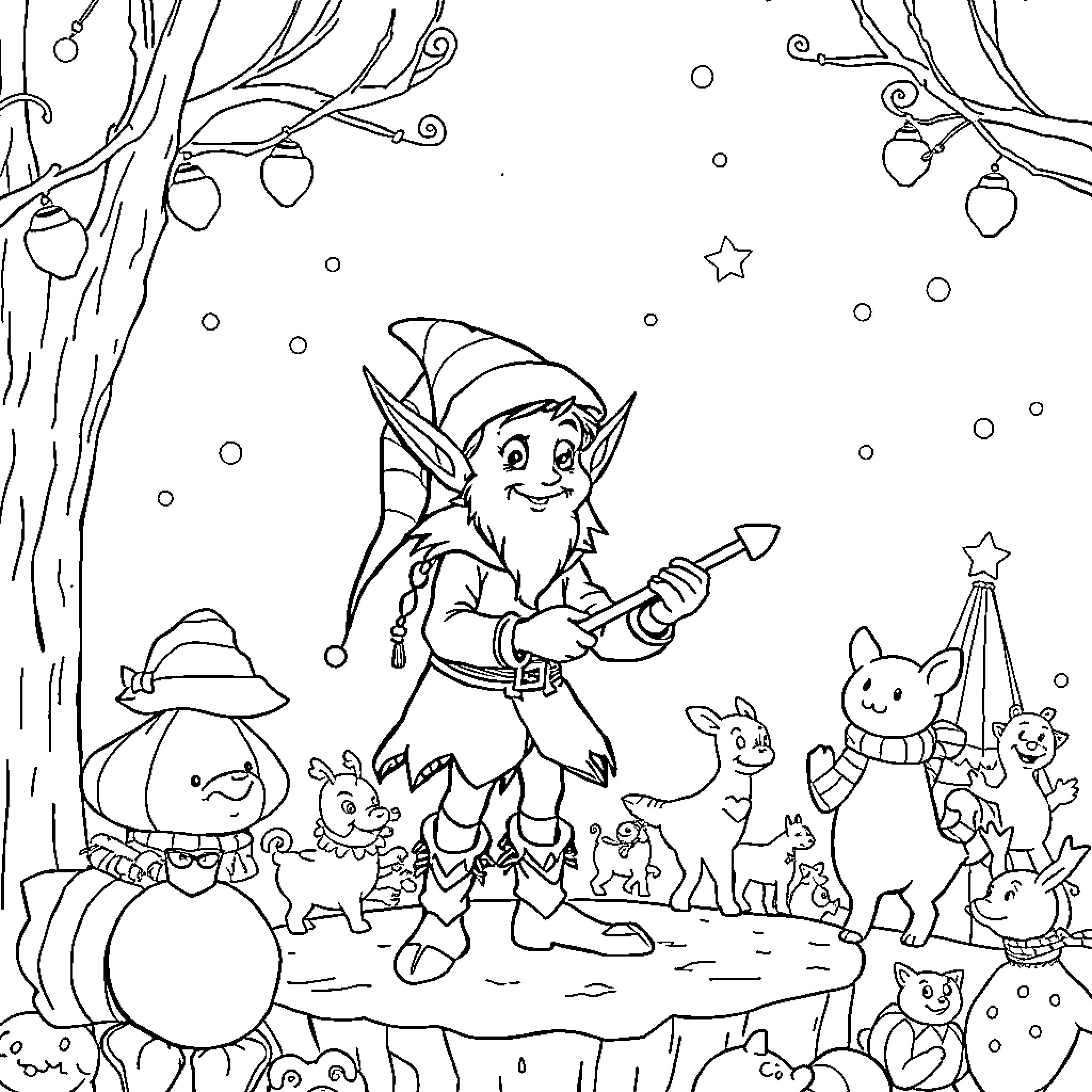 Elf surrounded by whimsical forest creatures and winter decor Coloring Page (free black-and-white line drawing printable PDF for all, from beginners to advanced learners, including children, teens, adults, and seniors)
