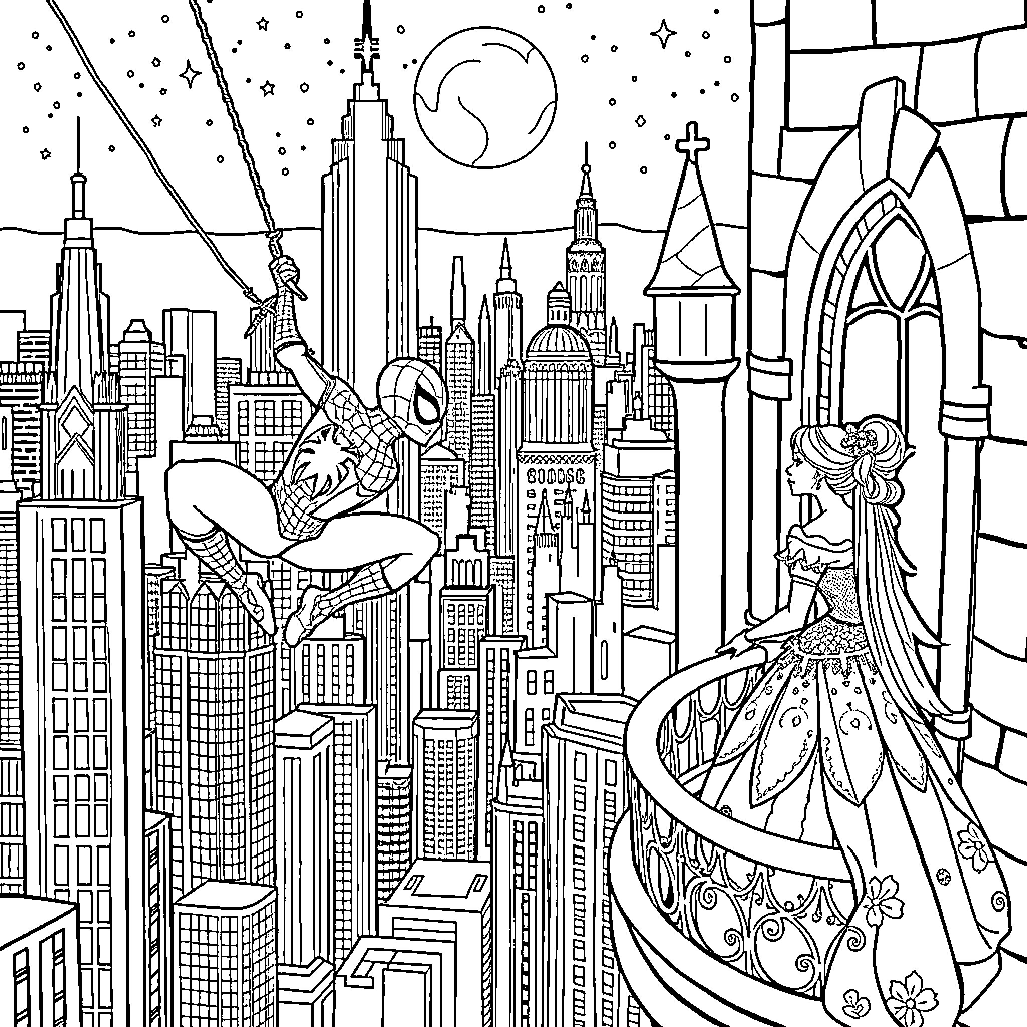 Spiderman swinging through the magical city skyline Coloring Page (free black-and-white line drawing printable PDF for all, from beginners to advanced learners, including children, teens, adults, and seniors)