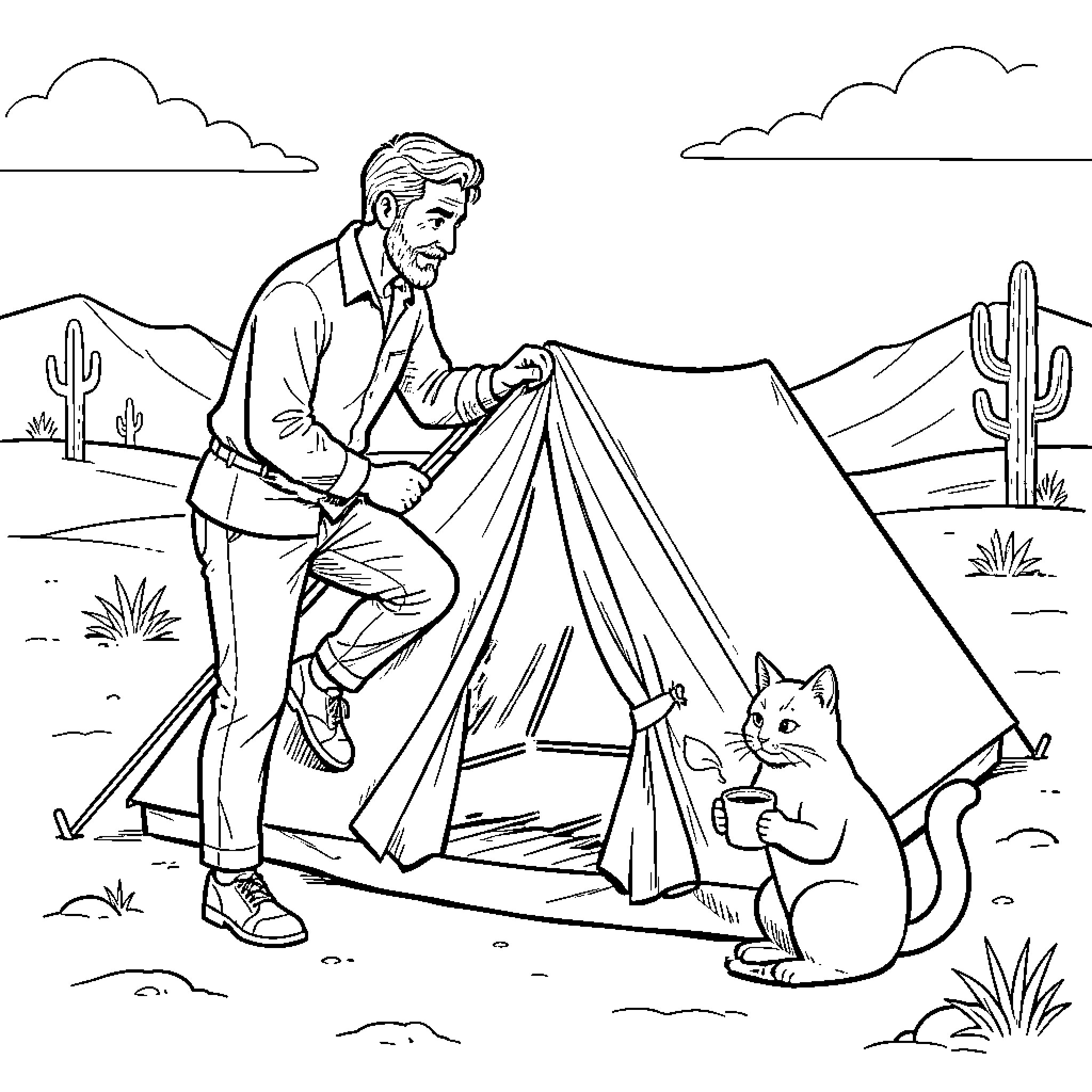 Homme setting up a tent in the desert Coloring Page (free black-and-white line drawing printable PDF for all, from beginners to advanced learners, including children, teens, adults, and seniors)