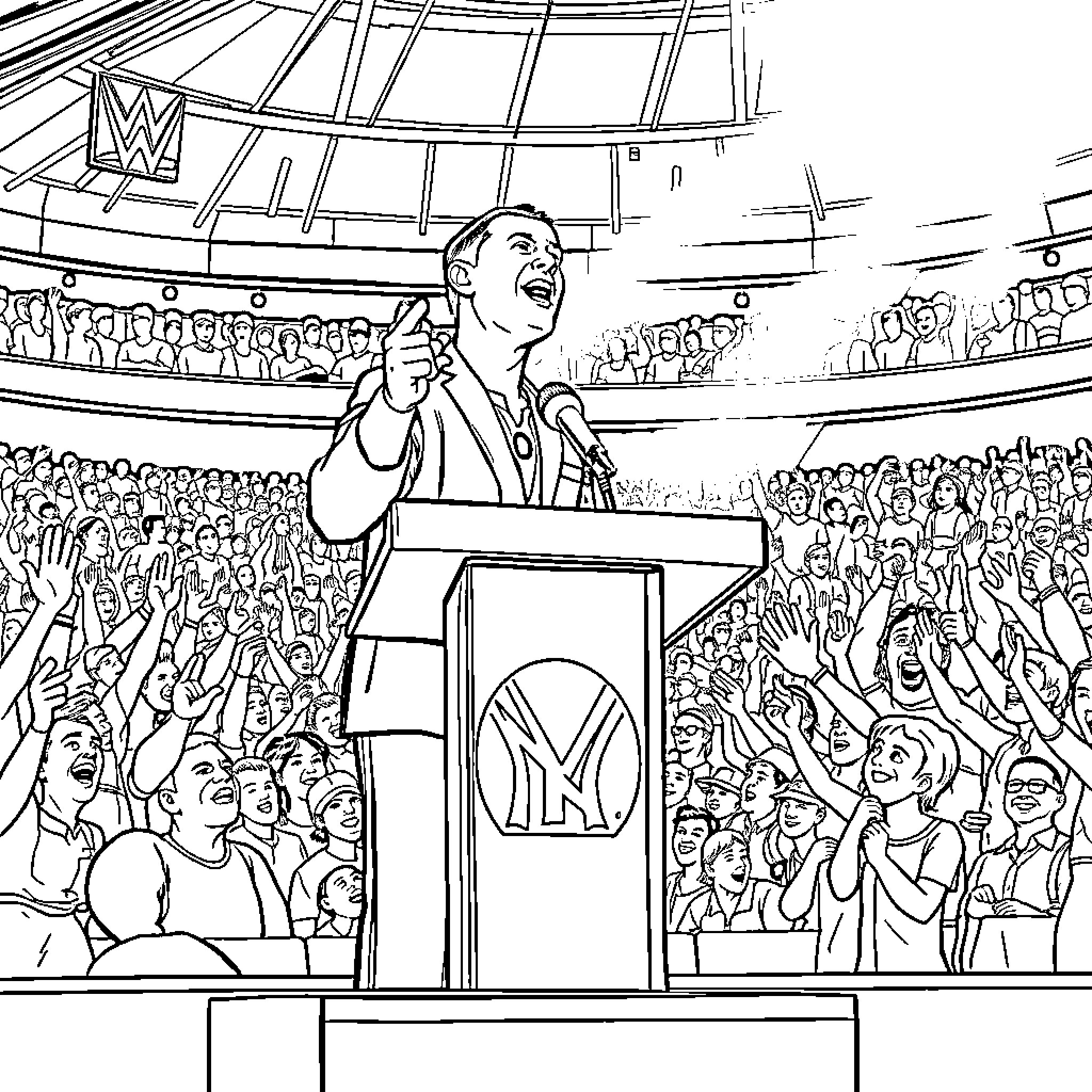 John Cena Addressing the Cheering Crowd in the Arena Coloring Page (free black-and-white line drawing printable PDF for all, from beginners to advanced learners, including children, teens, adults, and seniors)