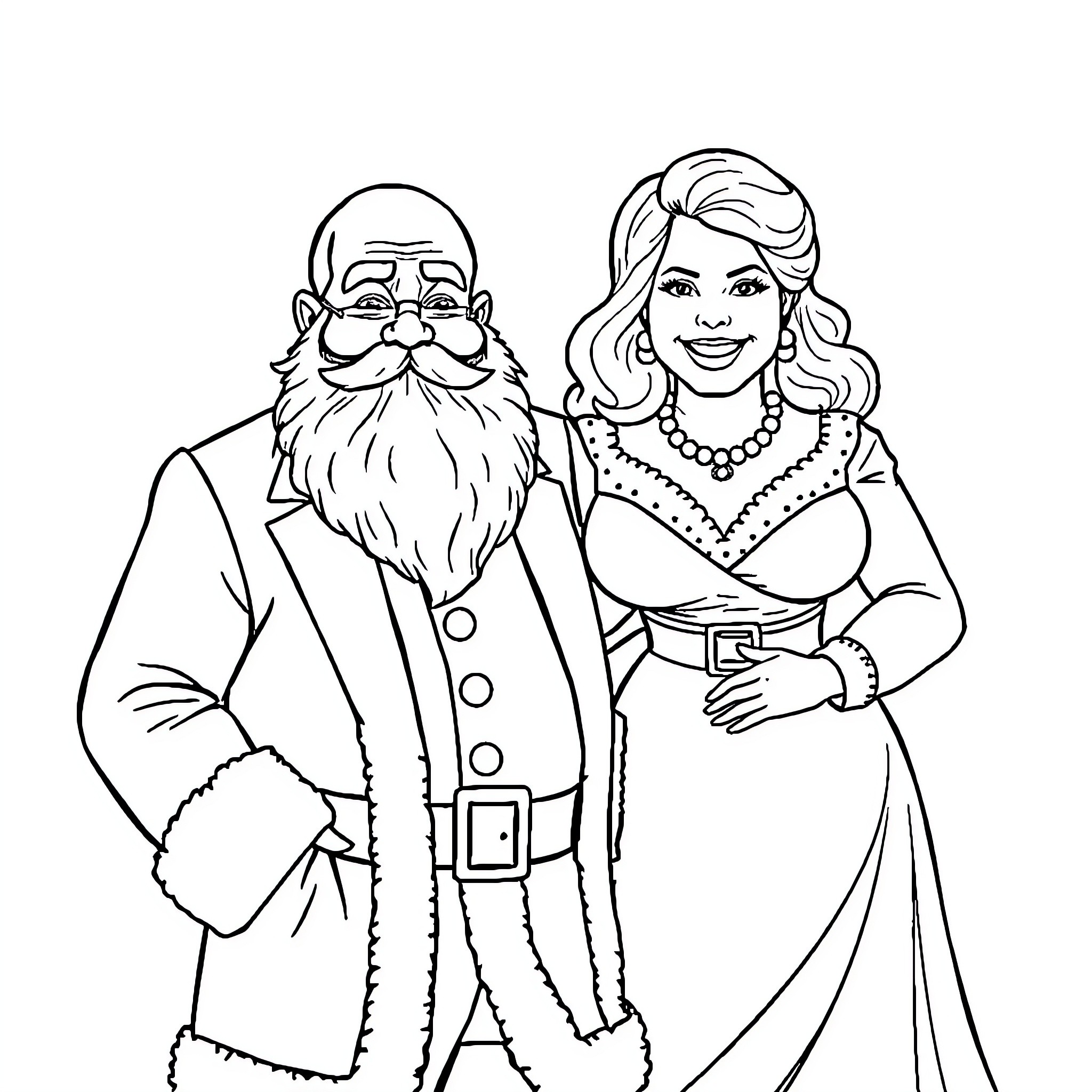 Santa and Mrs. Claus in Elegant Outfits Coloring Page (free black-and-white line drawing printable PDF for all, from beginners to advanced learners, including children, teens, adults, and seniors)