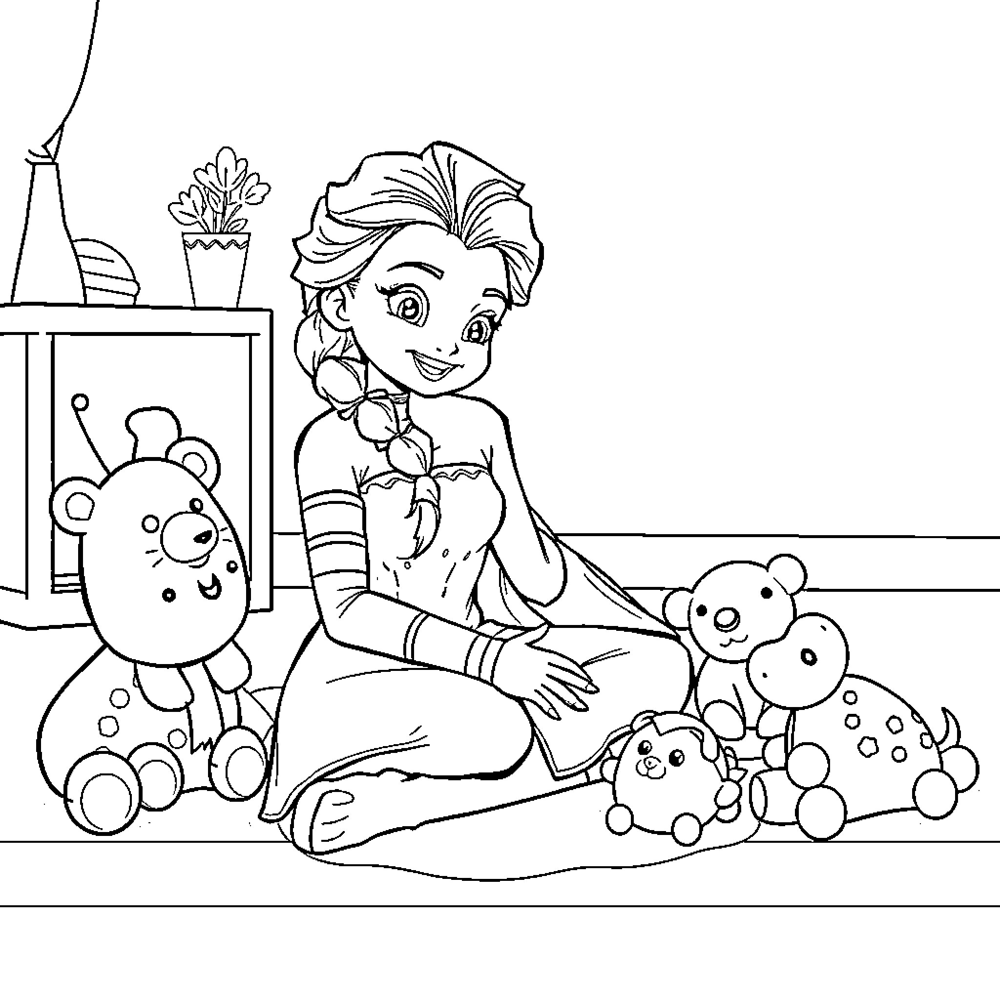Elsa enjoying playtime with toys and stuffed animals Coloring Page (free black-and-white line drawing printable PDF for all, from beginners to advanced learners, including children, teens, adults, and seniors)
