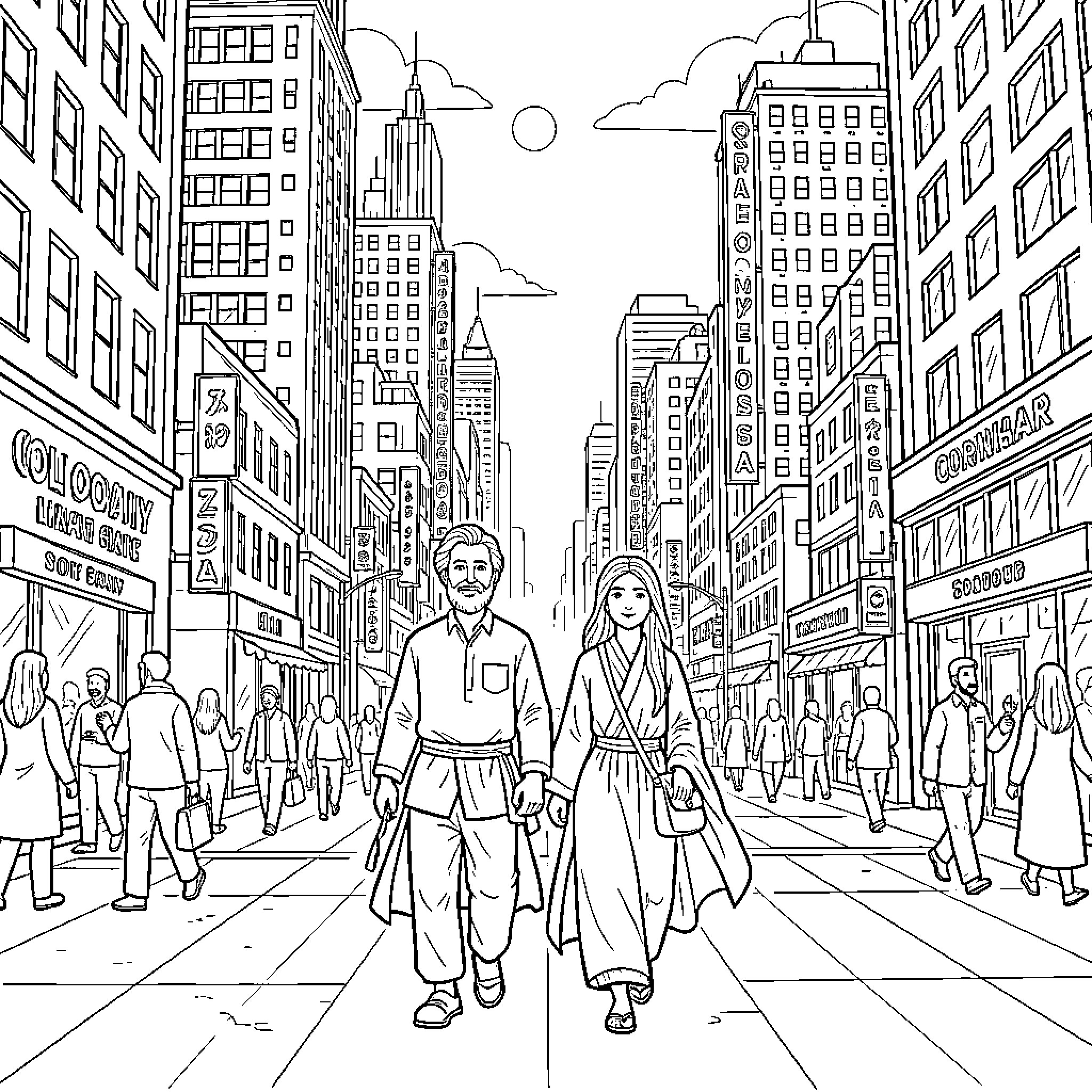 Ginu's Walk through the Bustling City Streets Coloring Page (free black-and-white line drawing printable PDF for all, from beginners to advanced learners, including children, teens, adults, and seniors)