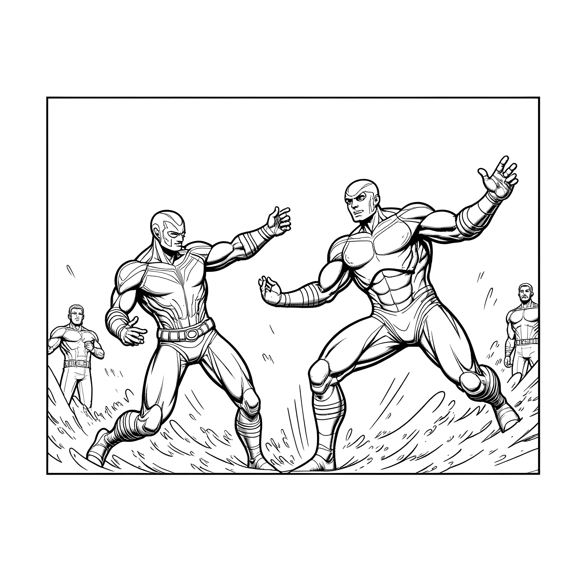 Vision of Superheroes in Action Sequence Coloring Page (free black-and-white line drawing printable PDF for all, from beginners to advanced learners, including children, teens, adults, and seniors)