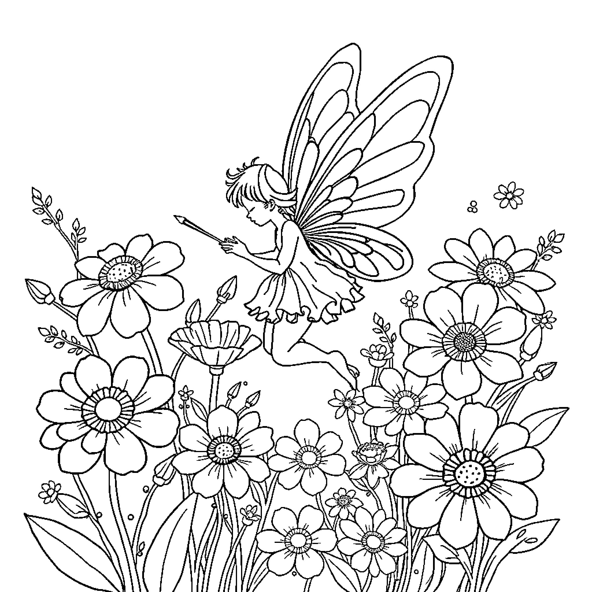 Fairy dancing among vibrant flowers Coloring Page (free black-and-white line drawing printable PDF for all, from beginners to advanced learners, including children, teens, adults, and seniors)
