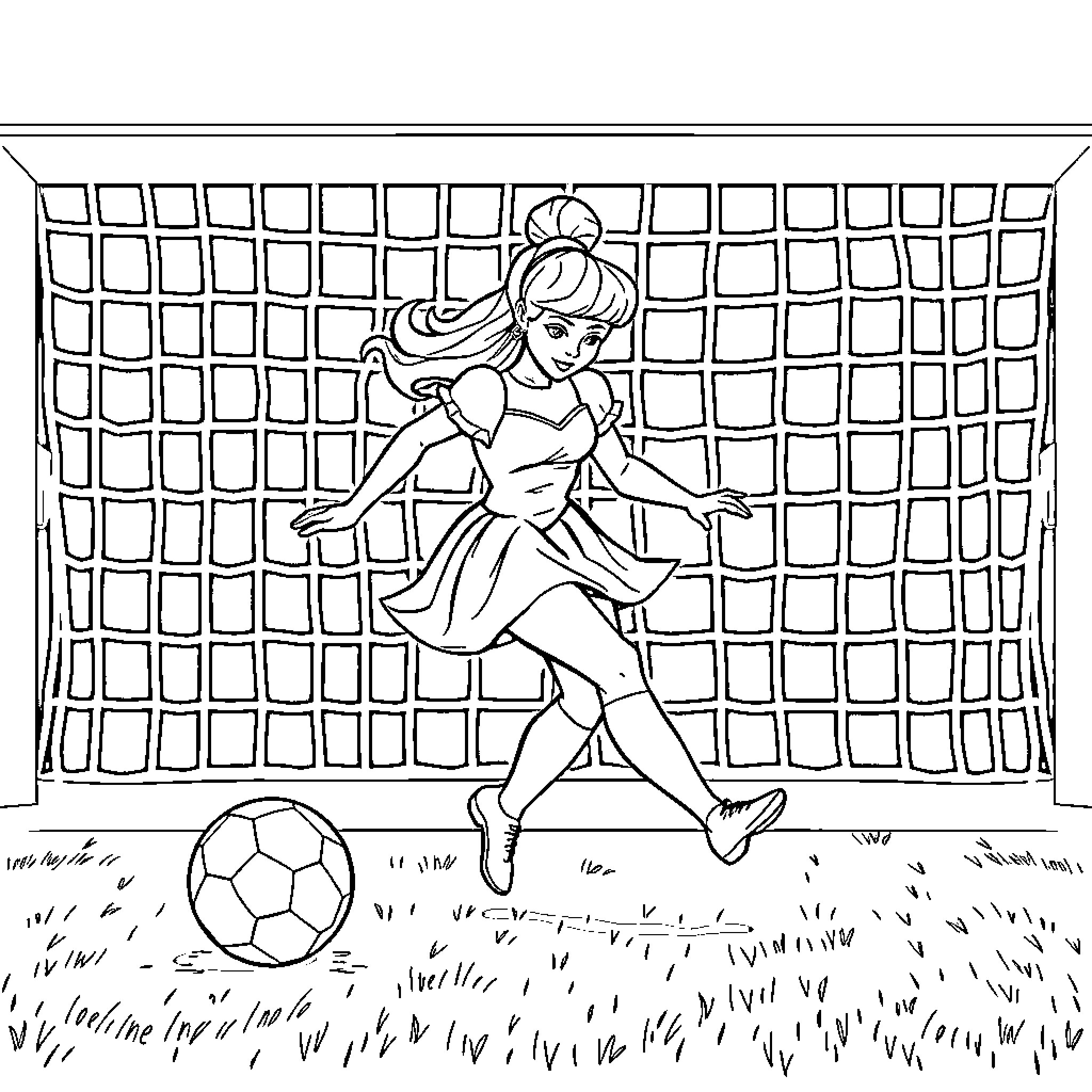 Cinderella playing soccer on the field Coloring Page (free black-and-white line drawing printable PDF for all, from beginners to advanced learners, including children, teens, adults, and seniors)