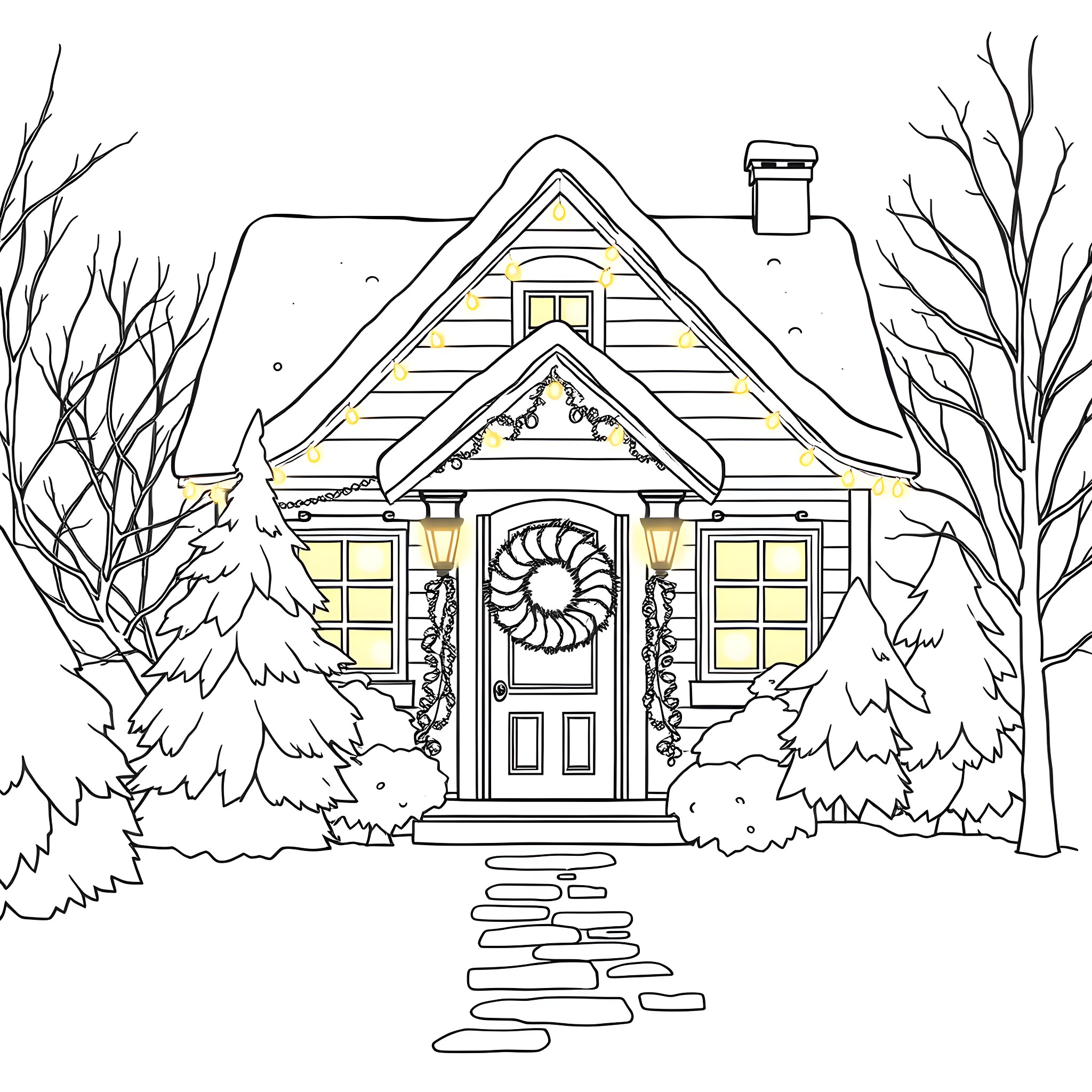 Christmas Light Illuminating Cozy Winter Cottage Coloring Page (free black-and-white line drawing printable PDF for all, from beginners to advanced learners, including children, teens, adults, and seniors)