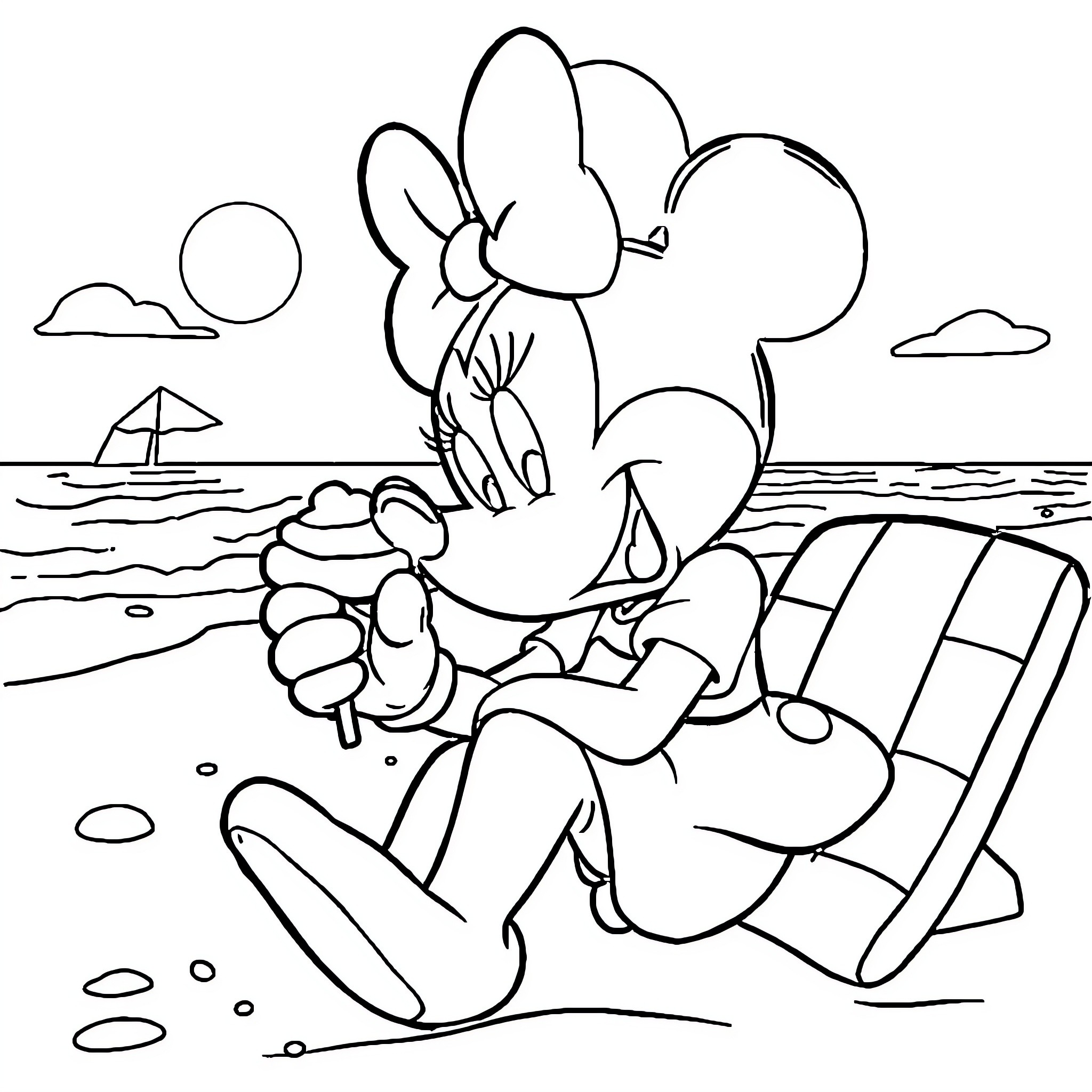 Minnie enjoying a relaxing day at the beach Coloring Page (free black-and-white line drawing printable PDF for all, from beginners to advanced learners, including children, teens, adults, and seniors)