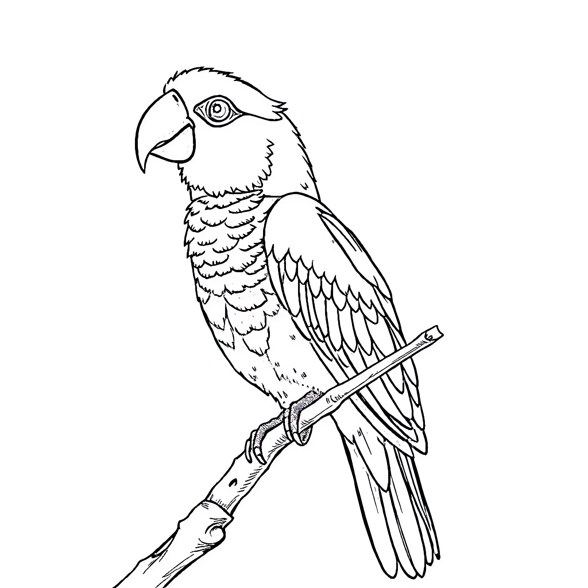 Guco Parrot perched on a branch Coloring Page (free black-and-white line drawing printable PDF for all, from beginners to advanced learners, including children, teens, adults, and seniors)