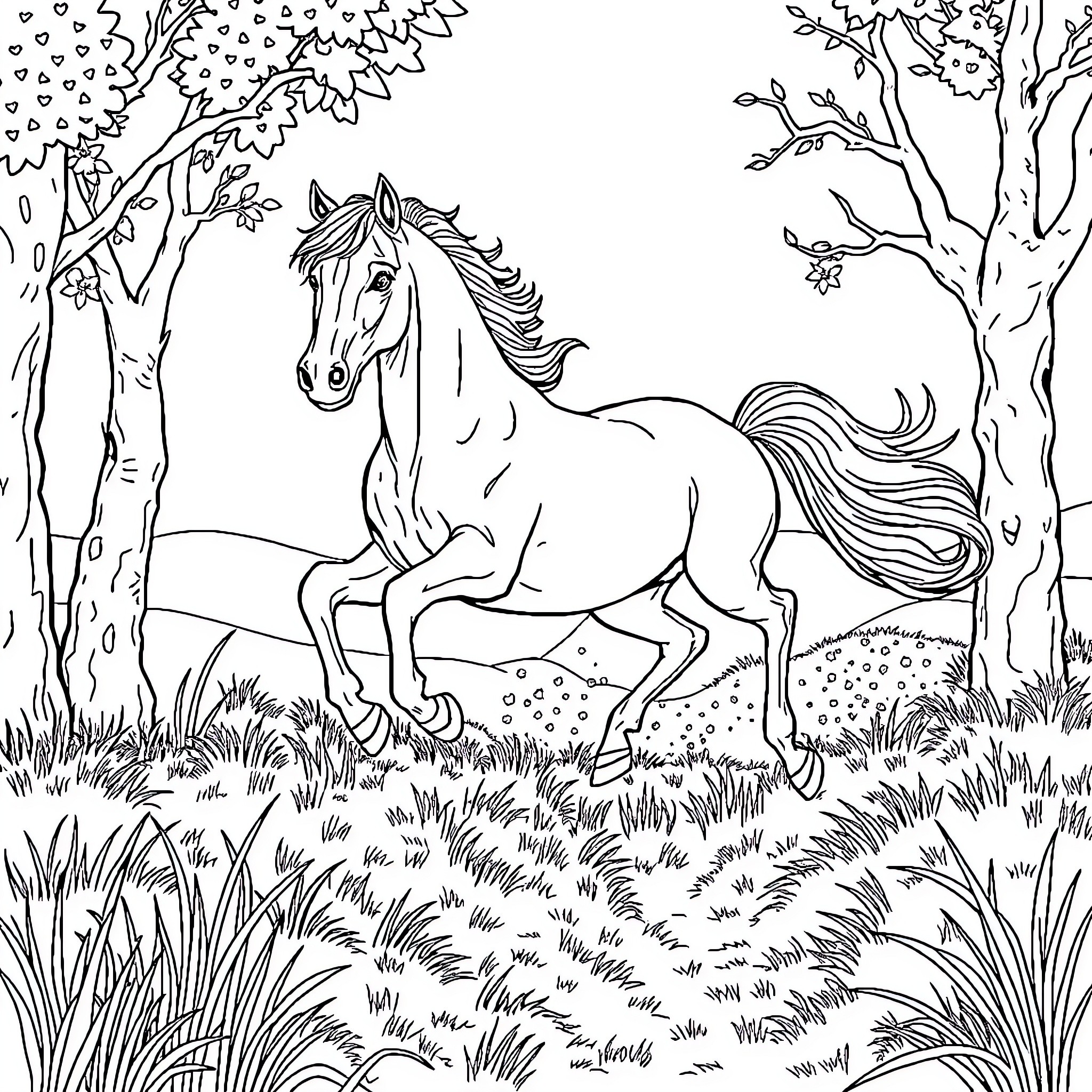 Horse galloping through the enchanted forest Coloring Page (free black-and-white line drawing printable PDF for all, from beginners to advanced learners, including children, teens, adults, and seniors)