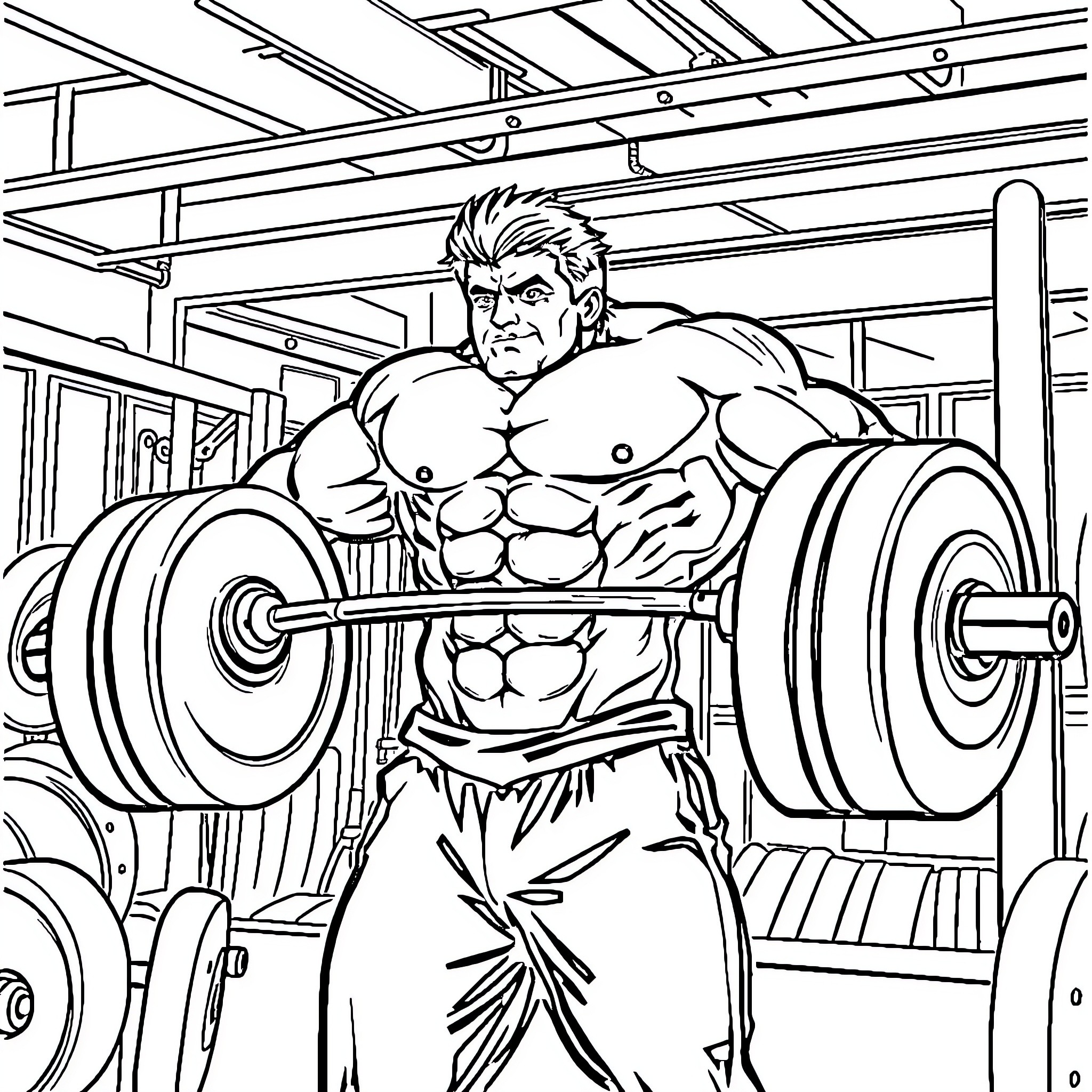Lifter Lifting Heavyweight Barbell in Gym Coloring Page (free black-and-white line drawing printable PDF for all, from beginners to advanced learners, including children, teens, adults, and seniors)