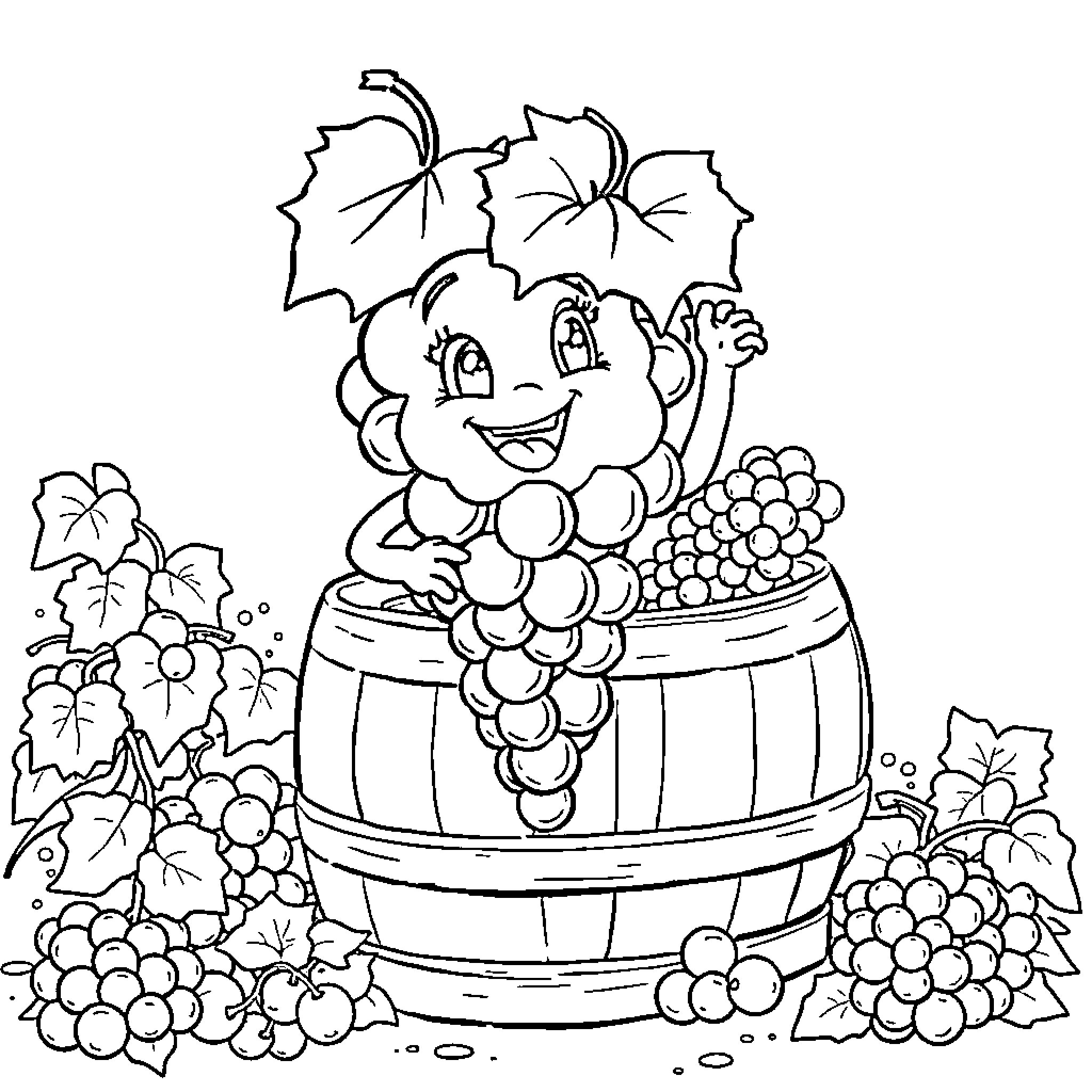 Grape enjoying a barrel of grapes Coloring Page (free black-and-white line drawing printable PDF for all, from beginners to advanced learners, including children, teens, adults, and seniors)