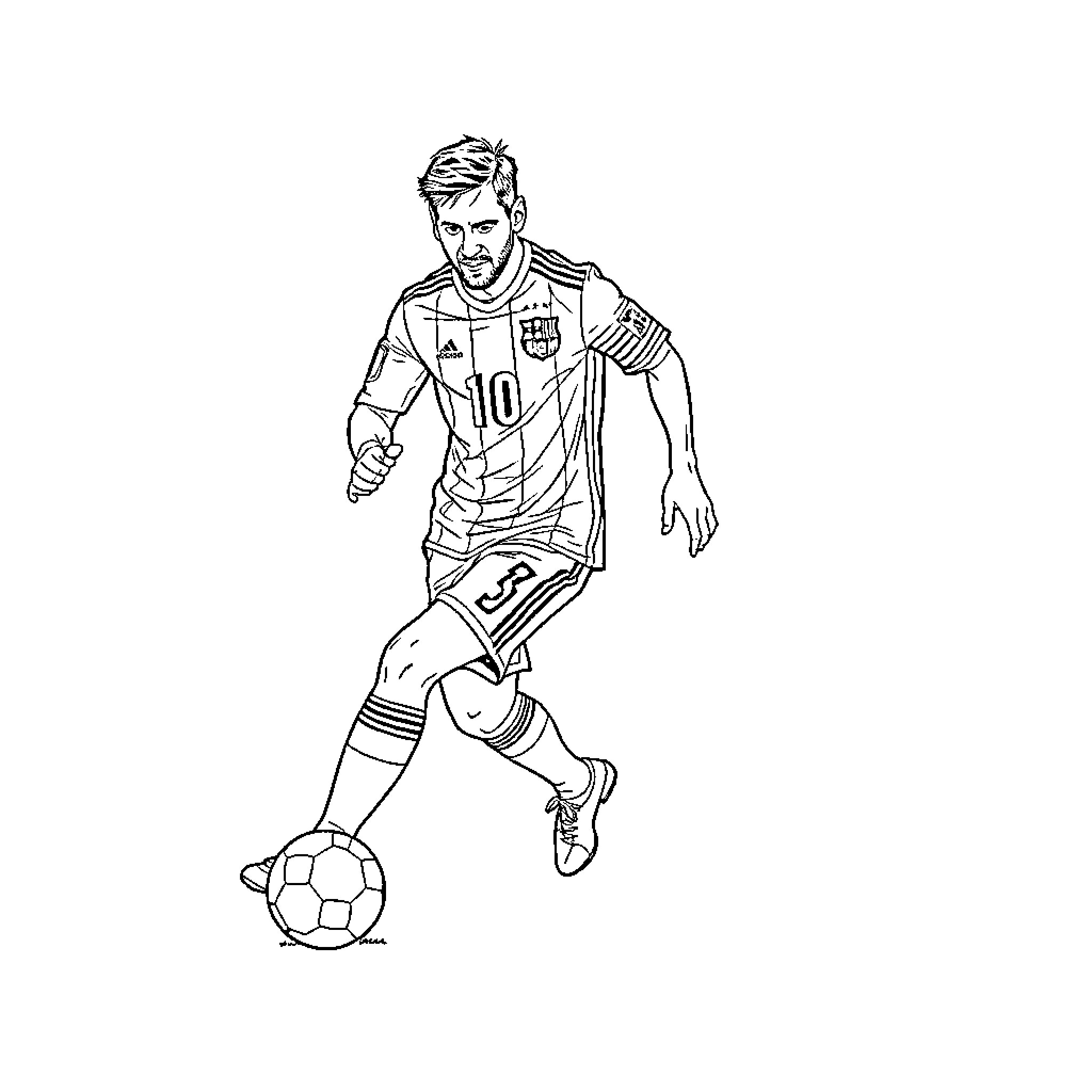 Messi in action on the soccer field Coloring Page (free black-and-white line drawing printable PDF for all, from beginners to advanced learners, including children, teens, adults, and seniors)