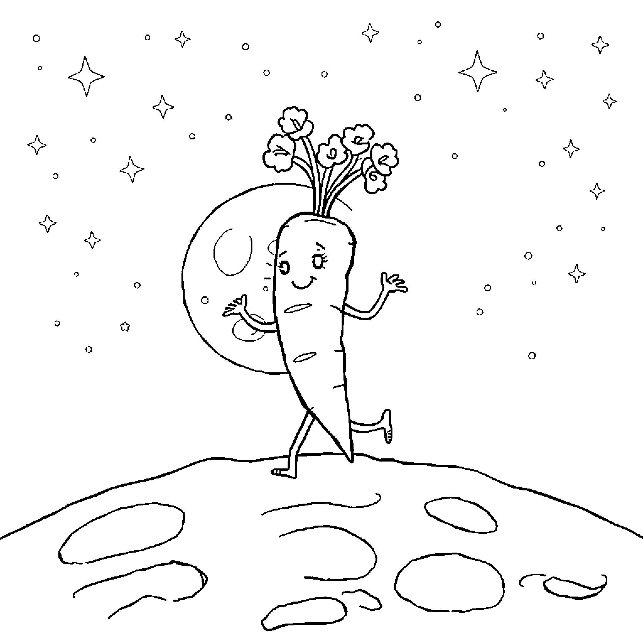 Vegetable Character Exploring the Starry Landscape Coloring Page (free black-and-white line drawing printable PDF for all, from beginners to advanced learners, including children, teens, adults, and seniors)
