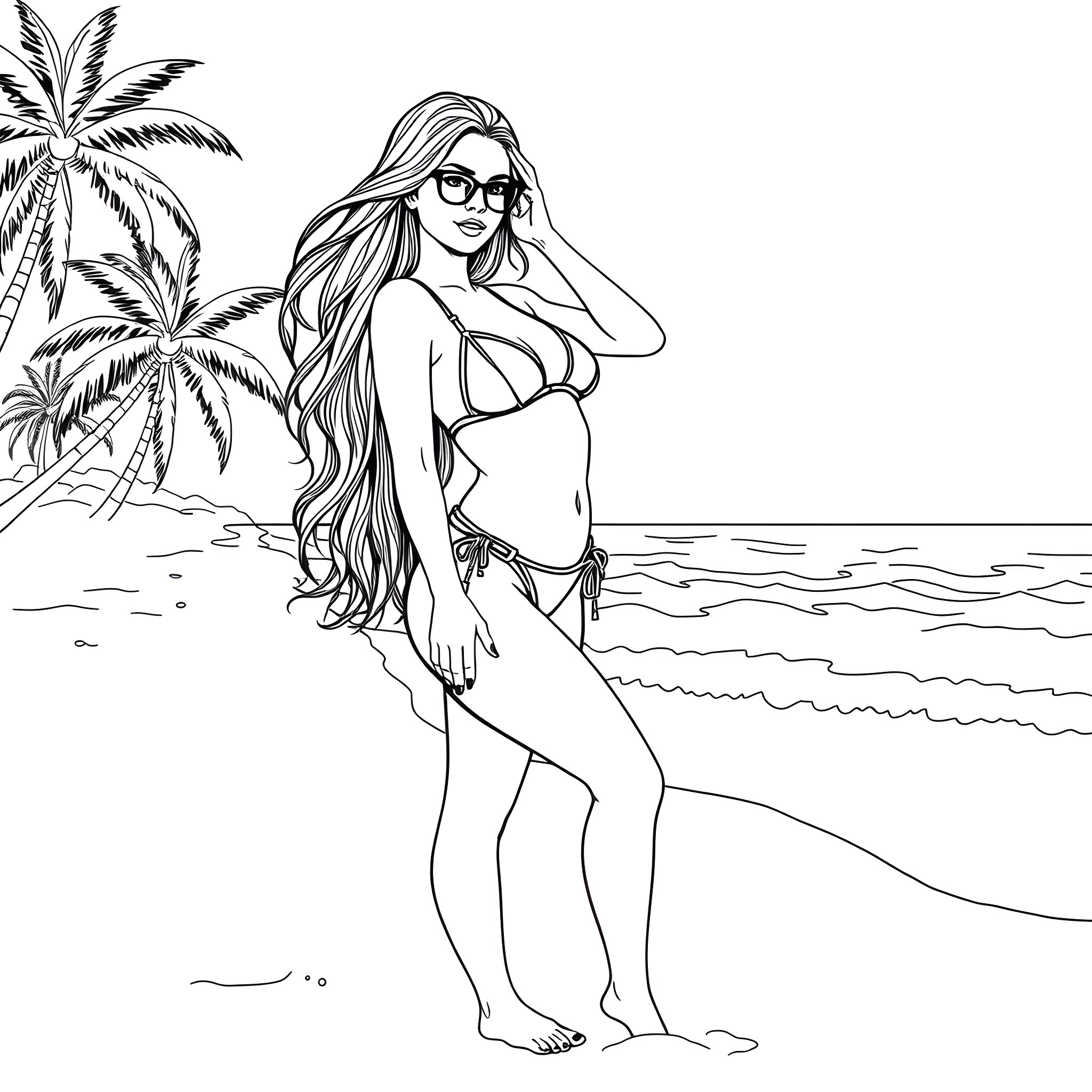 Selena Gomez relaxing on the beach Coloring Page (free black-and-white line drawing printable PDF for all, from beginners to advanced learners, including children, teens, adults, and seniors)
