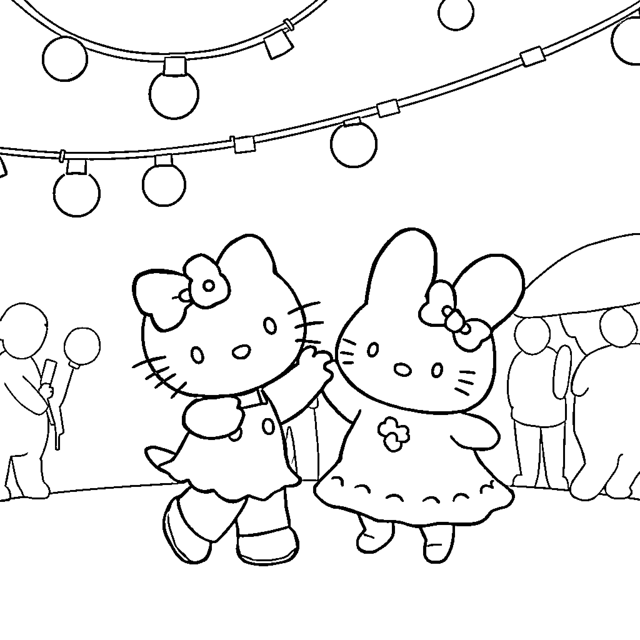 Hello Kitty enjoying a party with friends Coloring Page (free black-and-white line drawing printable PDF for all, from beginners to advanced learners, including children, teens, adults, and seniors)