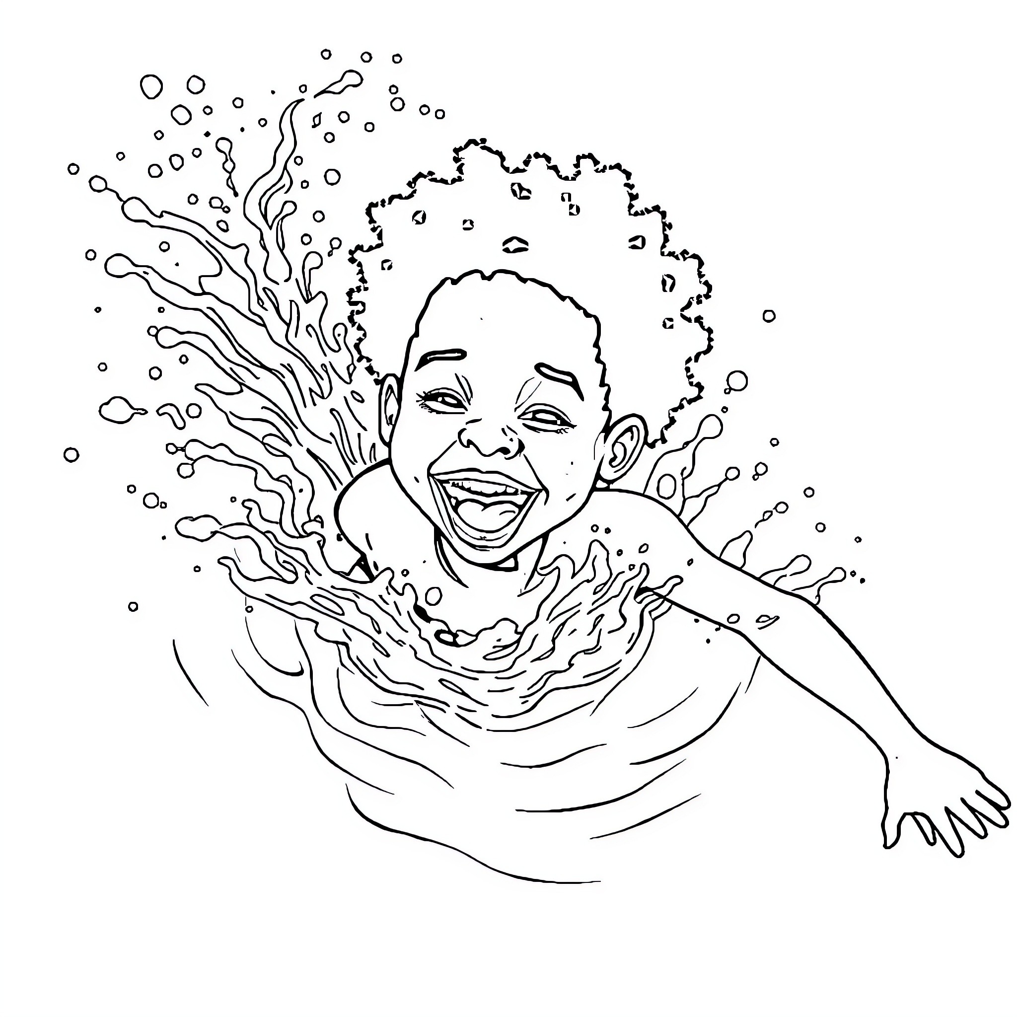 Mercredi: Joyful child's expression and playful splashing Coloring Page (free black-and-white line drawing printable PDF for all, from beginners to advanced learners, including children, teens, adults, and seniors)