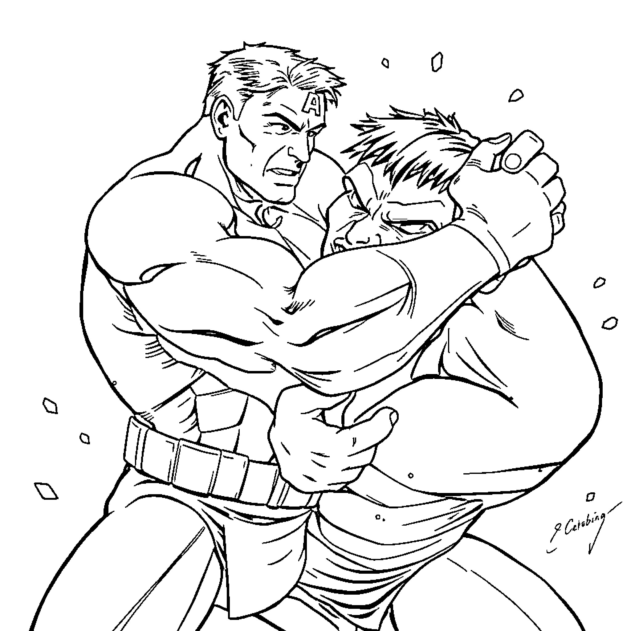 Captain America in intense combat scene Coloring Page (free black-and-white line drawing printable PDF for all, from beginners to advanced learners, including children, teens, adults, and seniors)