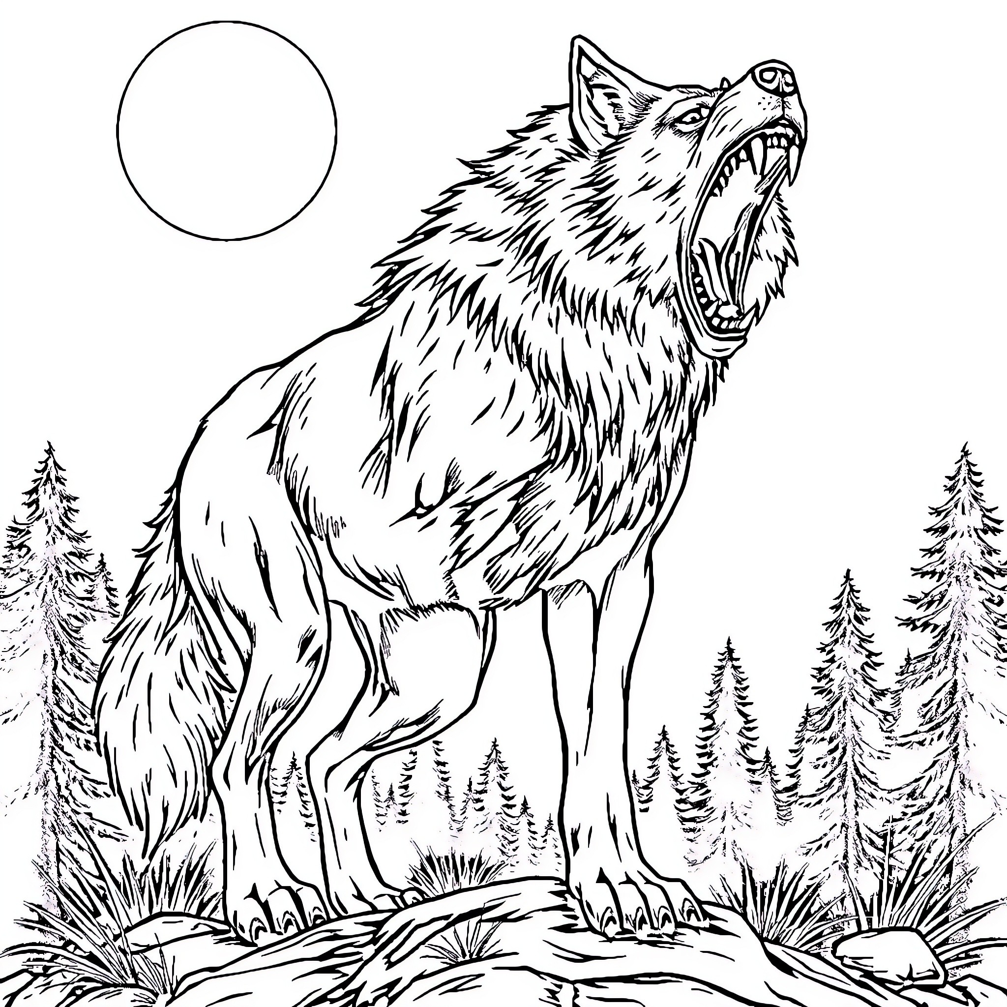 Werewolf howling under the moonlight in a forest Coloring Page (free black-and-white line drawing printable PDF for all, from beginners to advanced learners, including children, teens, adults, and seniors)