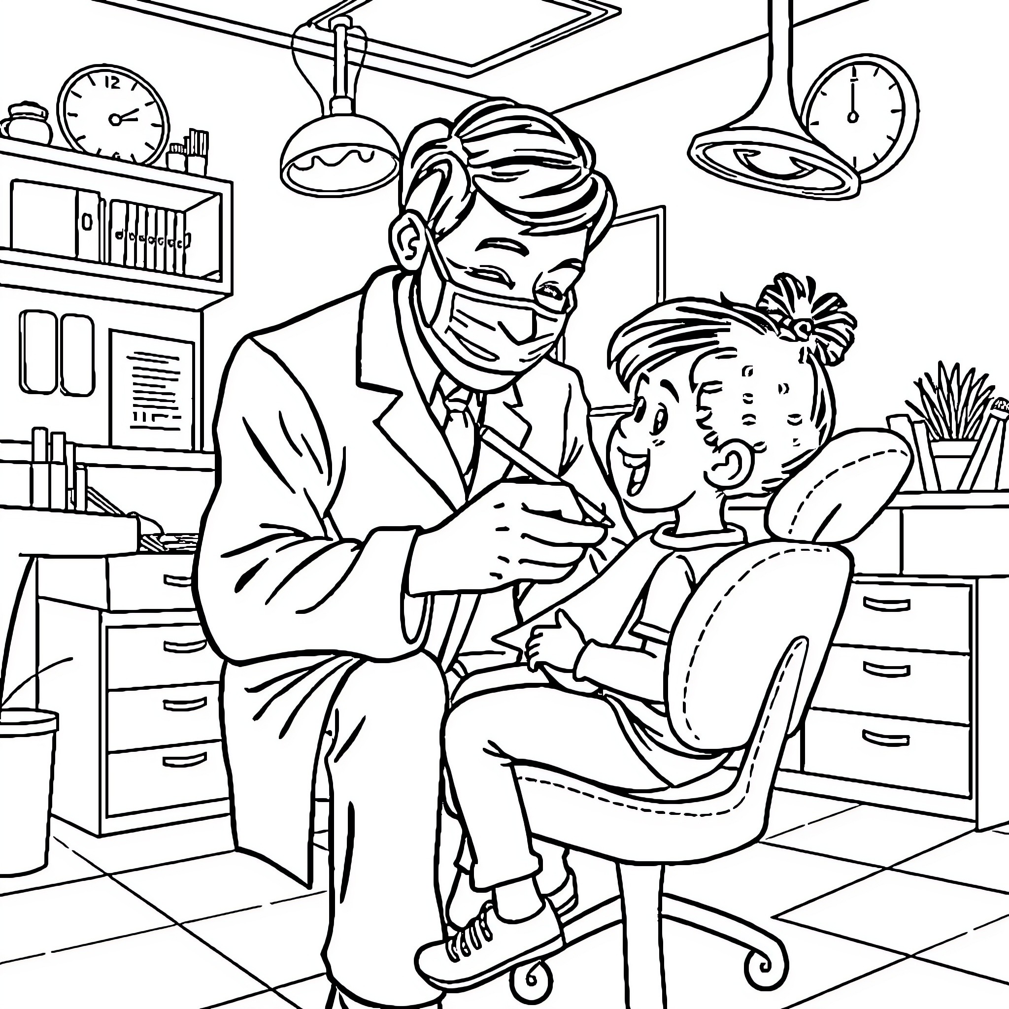 Dentist examining a patient in his office Coloring Page (free black-and-white line drawing printable PDF for all, from beginners to advanced learners, including children, teens, adults, and seniors)