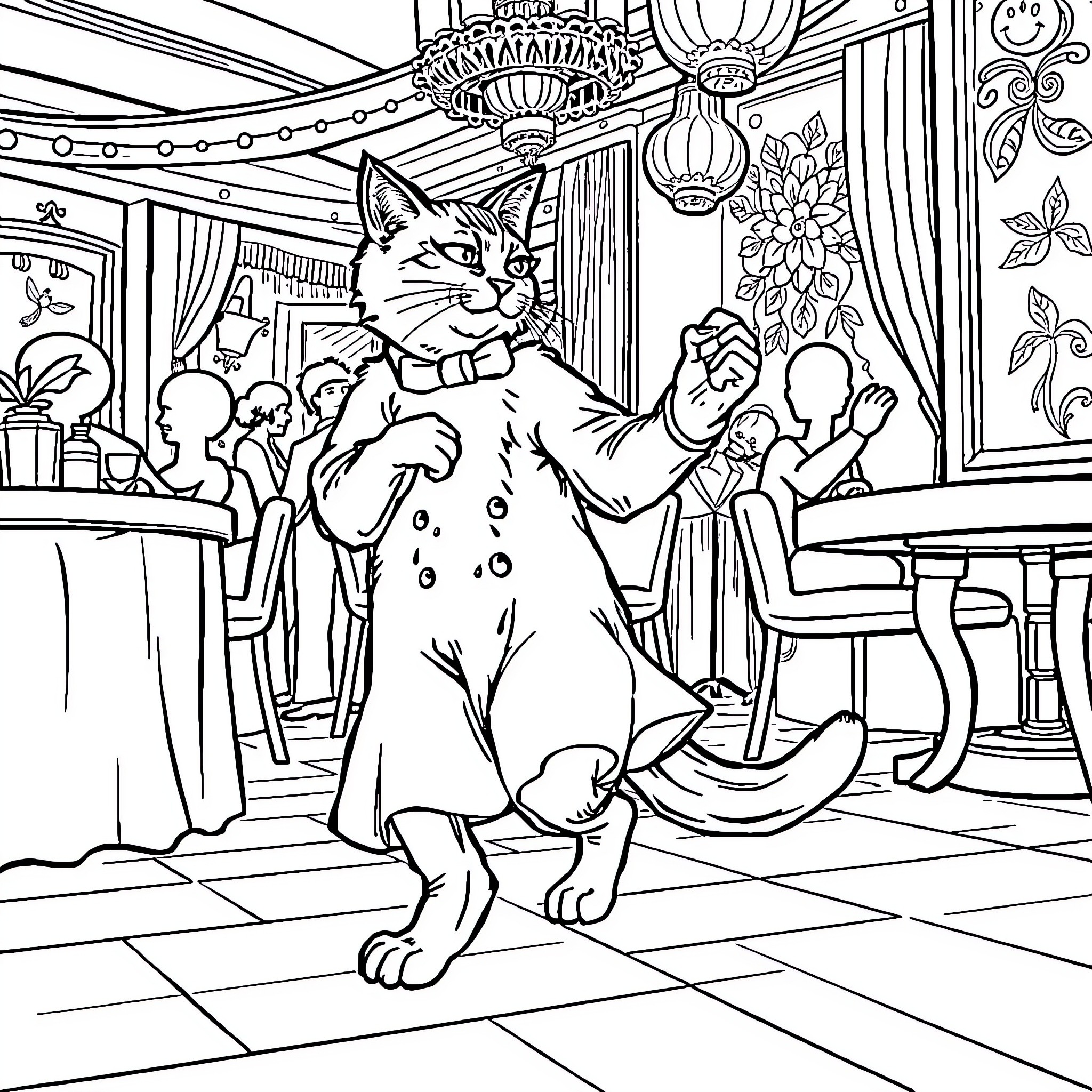 Cat in fancy attire performing at an elegant venue Coloring Page (free black-and-white line drawing printable PDF for all, from beginners to advanced learners, including children, teens, adults, and seniors)