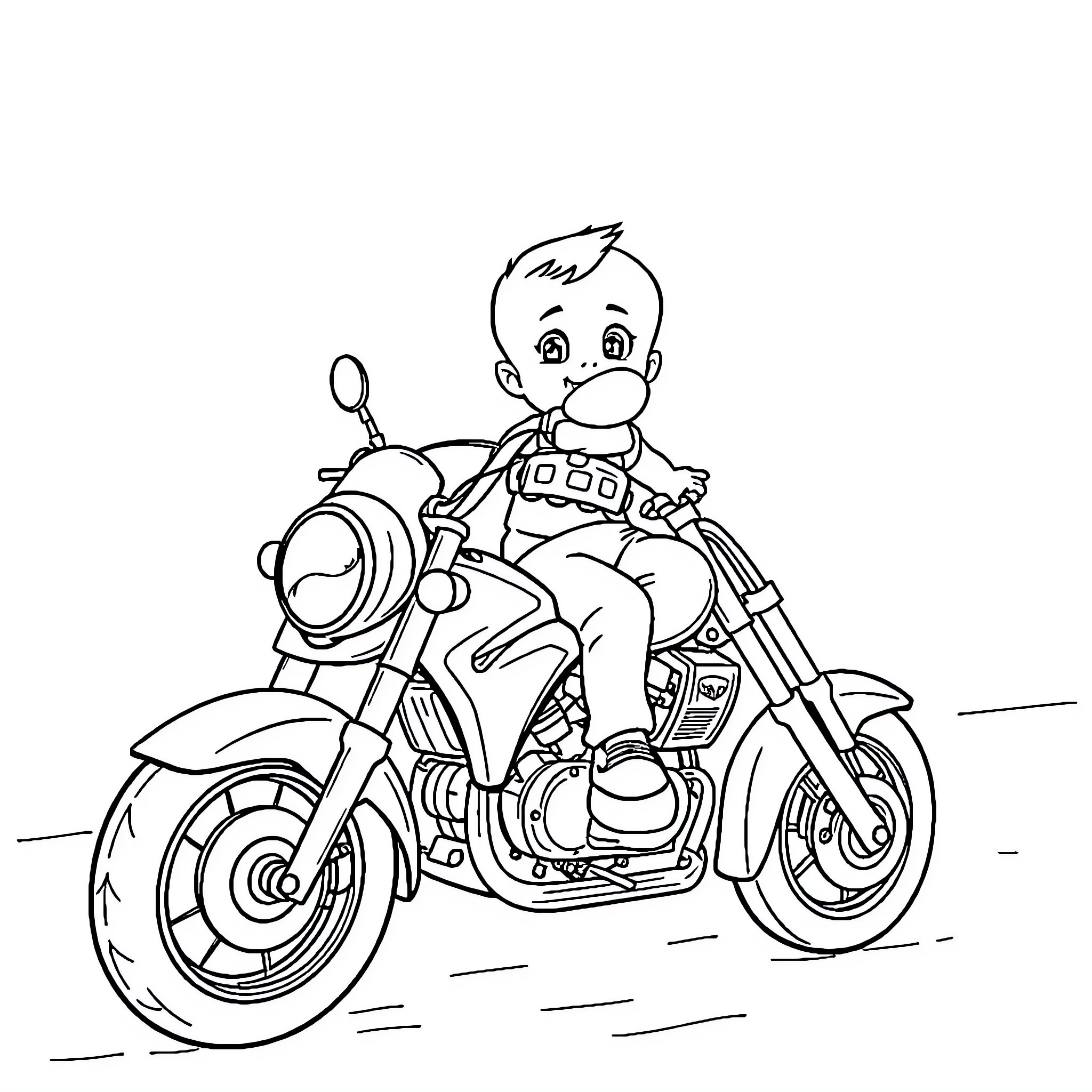 Baby riding motorcycle with joy Coloring Page (free black-and-white line drawing printable PDF for all, from beginners to advanced learners, including children, teens, adults, and seniors)