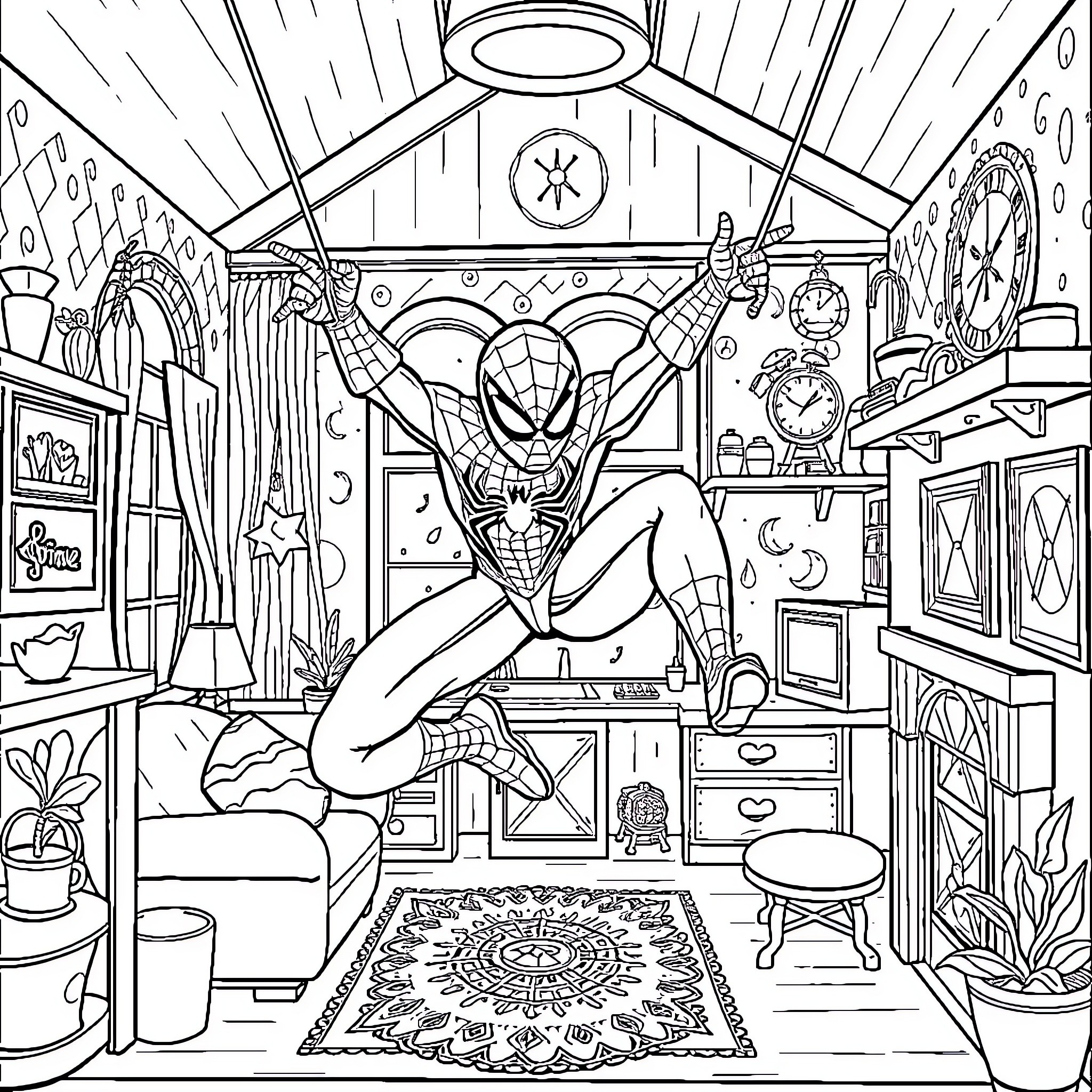 Spiderman swinging through a cluttered room full of objects Coloring Page (free black-and-white line drawing printable PDF for all, from beginners to advanced learners, including children, teens, adults, and seniors)