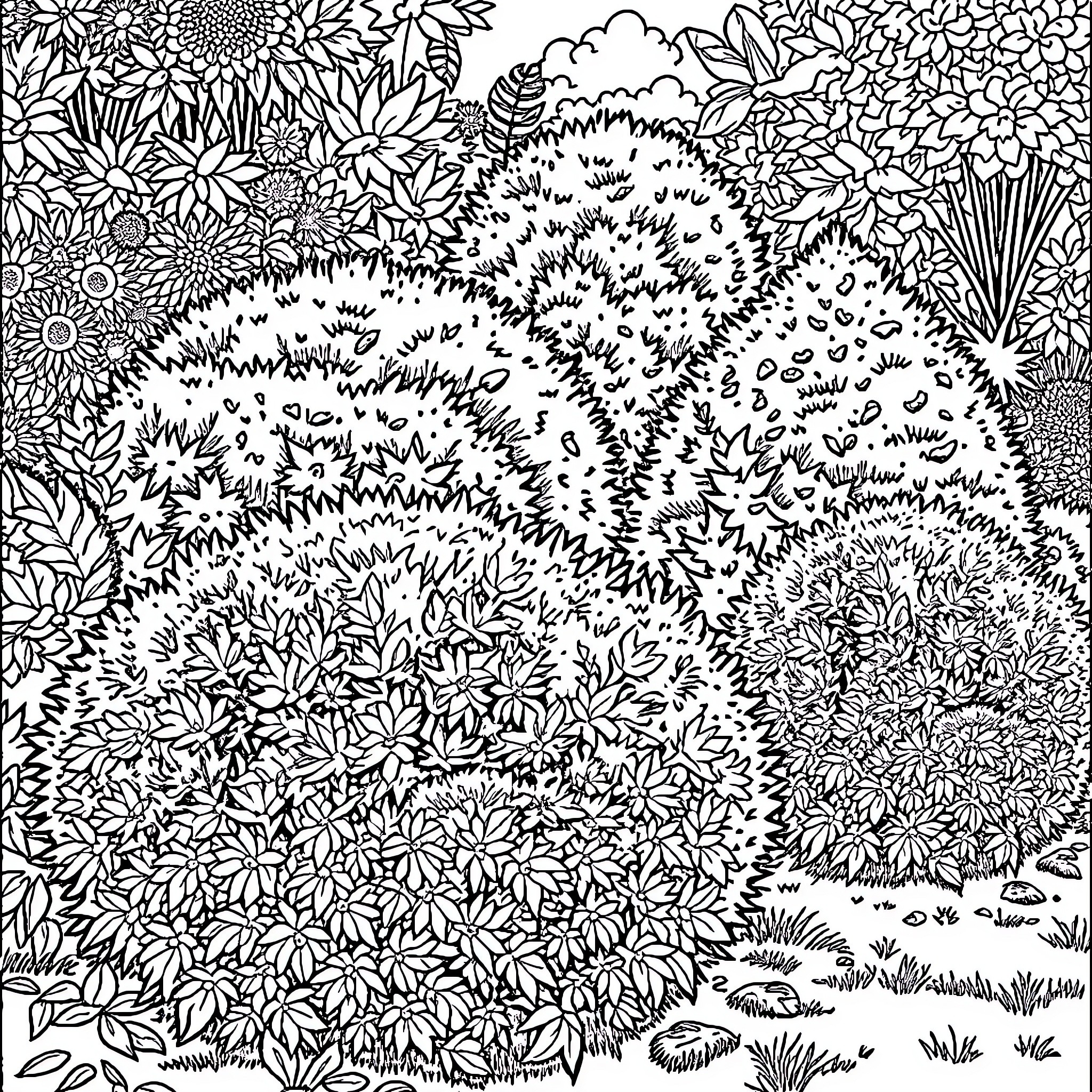 Shrub filled with vibrant floral patterns Coloring Page (free black-and-white line drawing printable PDF for all, from beginners to advanced learners, including children, teens, adults, and seniors)