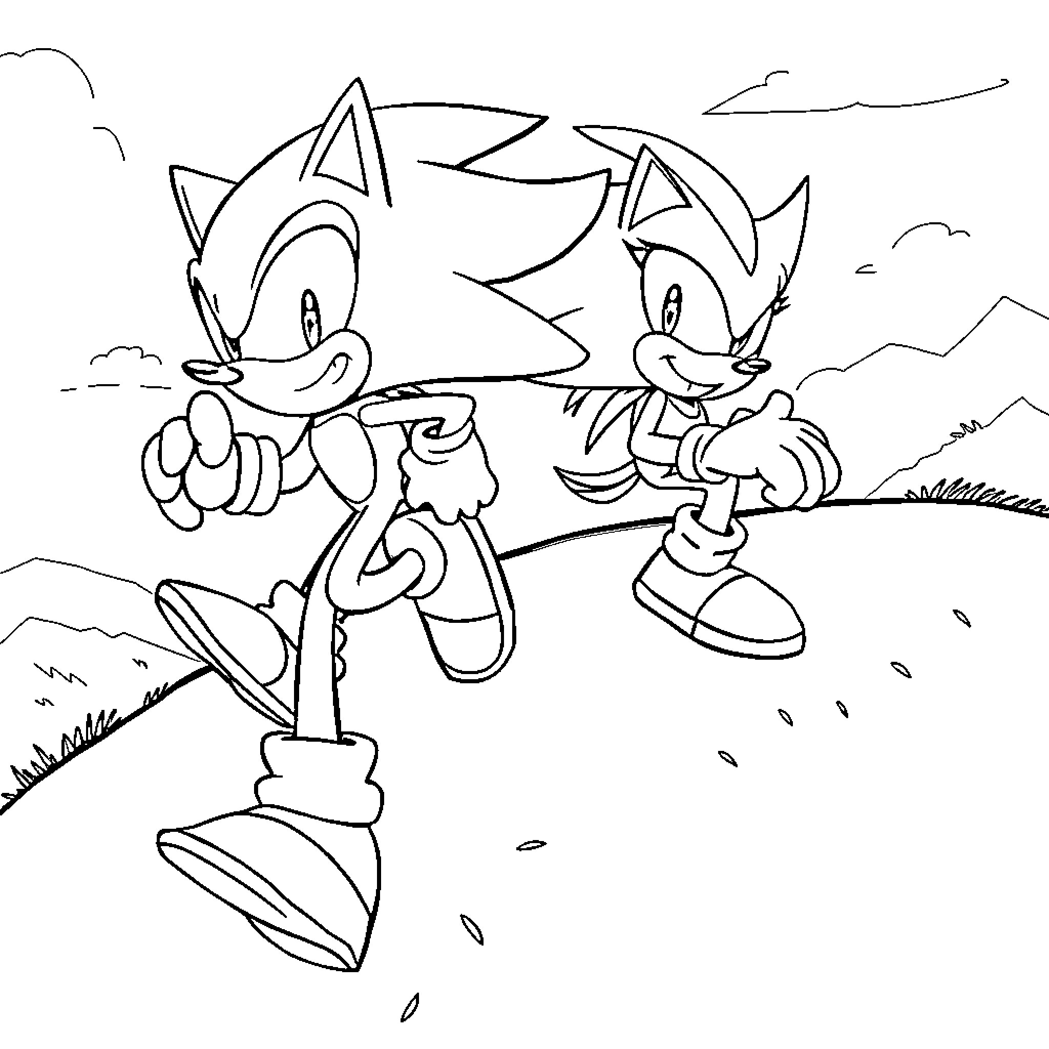 Sonic characters in an outdoor adventure scene Coloring Page (free black-and-white line drawing printable PDF for all, from beginners to advanced learners, including children, teens, adults, and seniors)