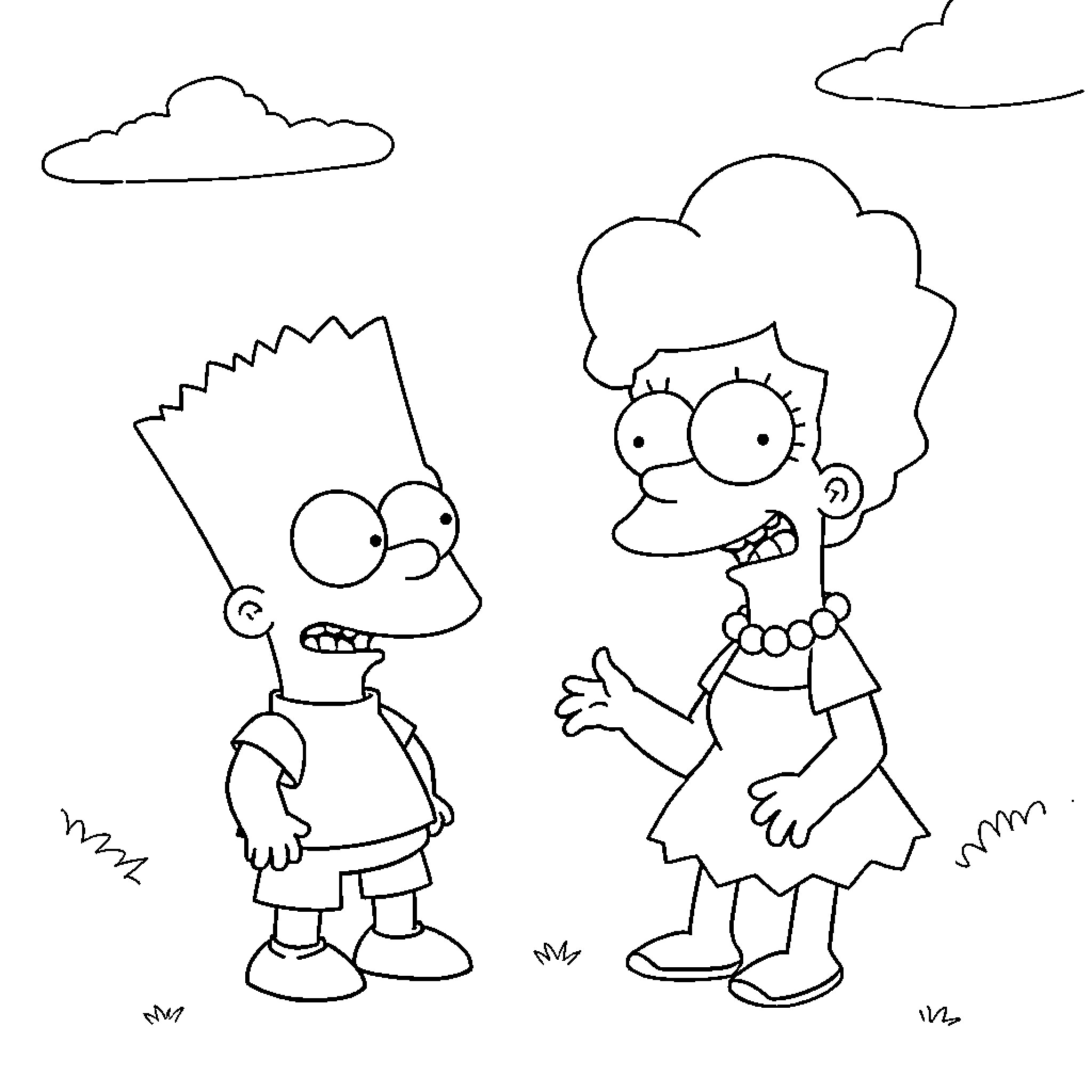 Bart Simpson and Lisa Simpson playing in the park Coloring Page (free black-and-white line drawing printable PDF for all, from beginners to advanced learners, including children, teens, adults, and seniors)